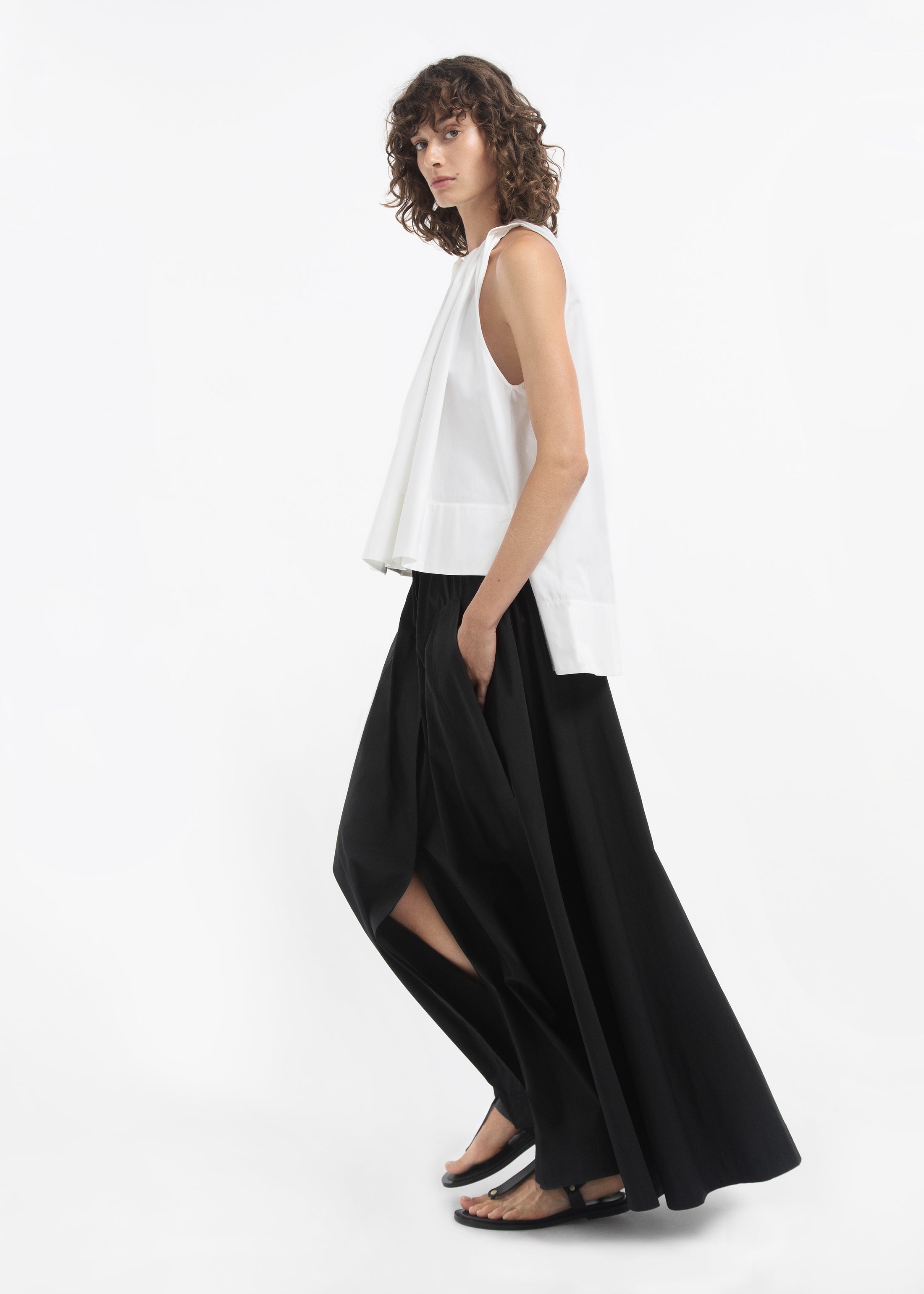 Gathered Tunic Shirt in Cotton Sateen - White