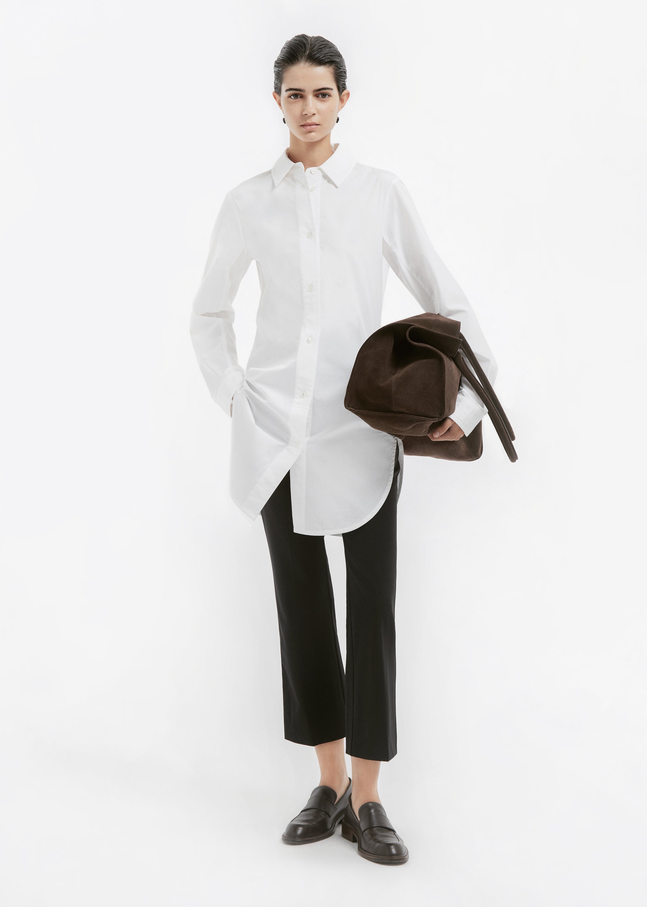 Cinched Button Down in Cotton Sateen - White