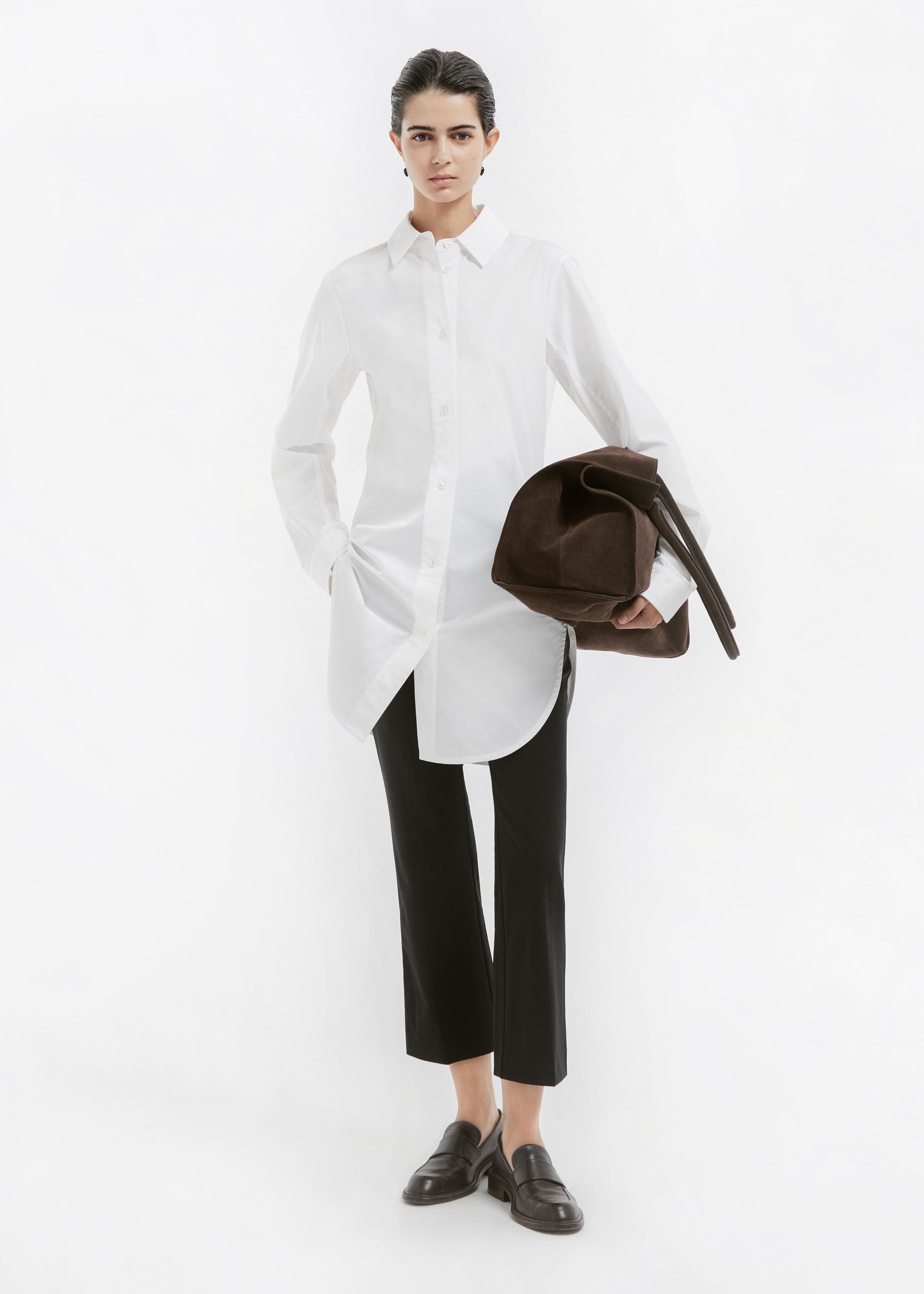 Cinched Button Down in Cotton Sateen - White