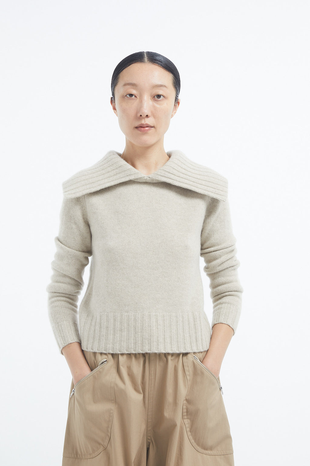 Ribbed Collared Sweater in Cashmere - Beige Melange - CO