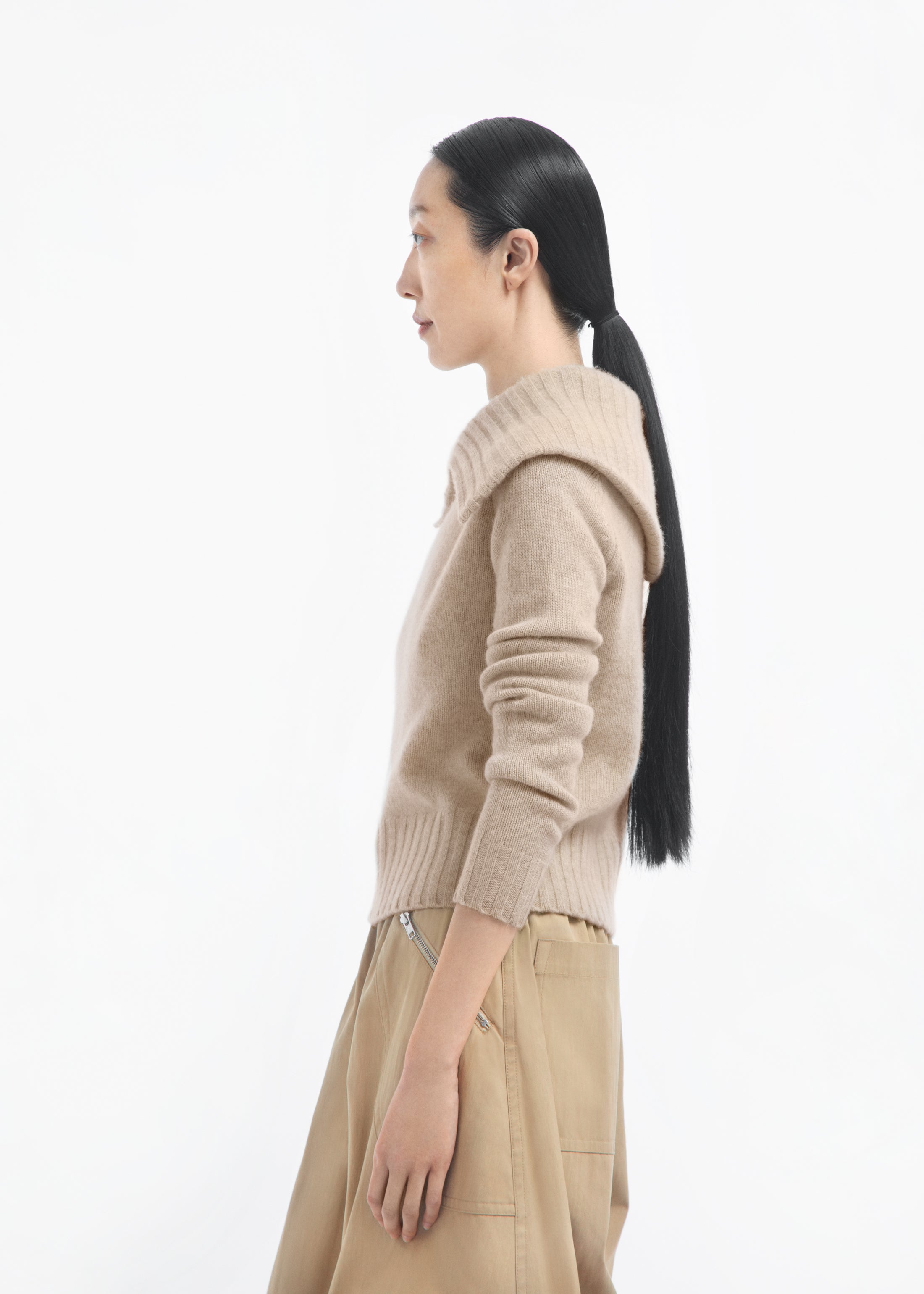 Ribbed Collared Sweater in Cashmere - Beige Melange