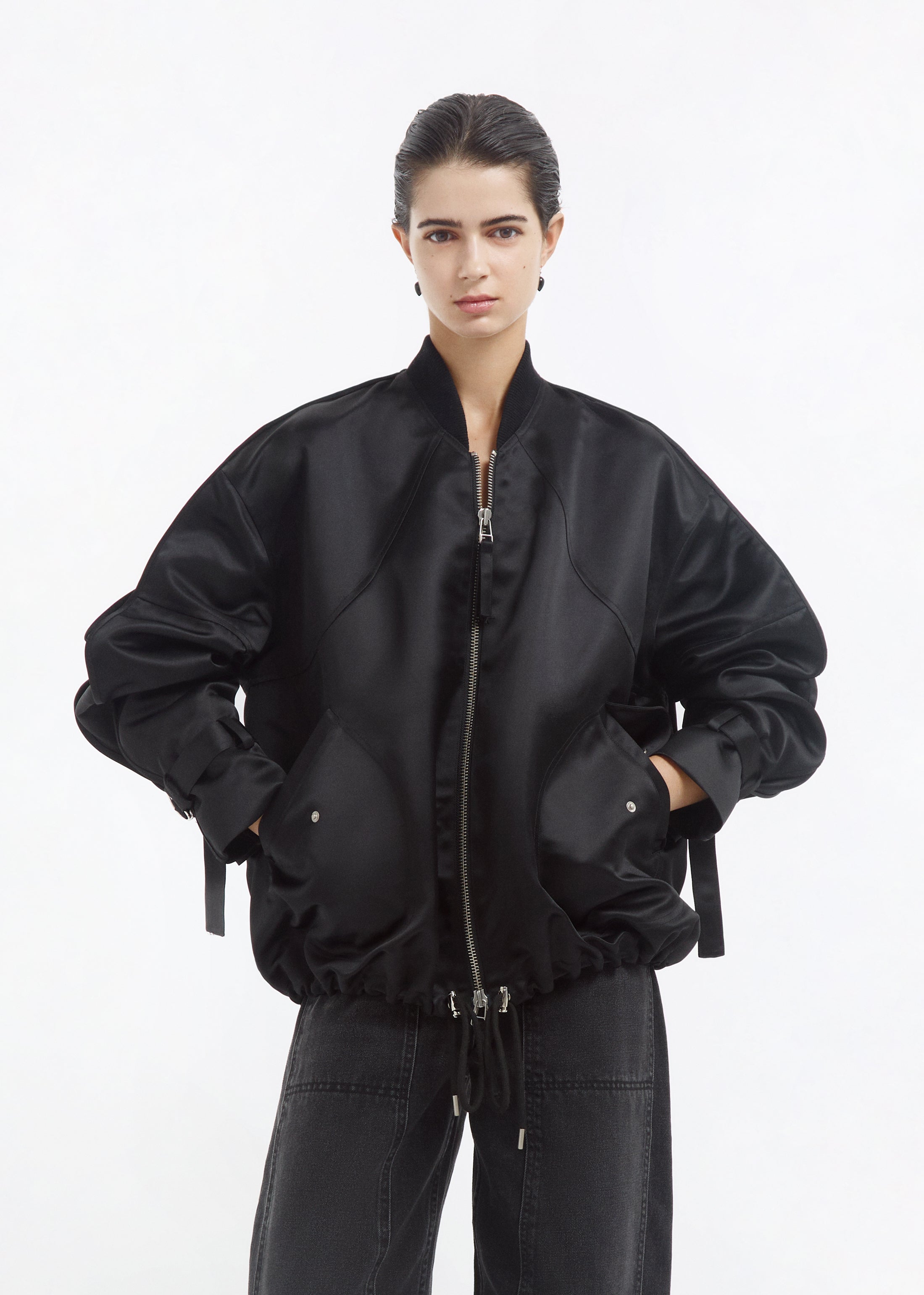 Sports Bomber in Duchess Satin - Black
