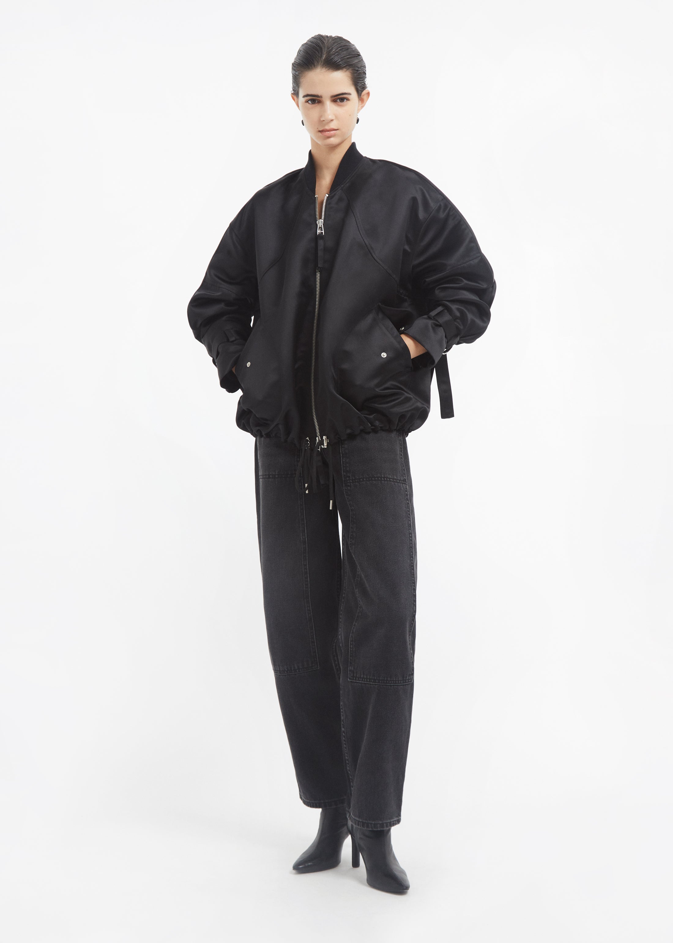 Sports Bomber in Duchess Satin - Black
