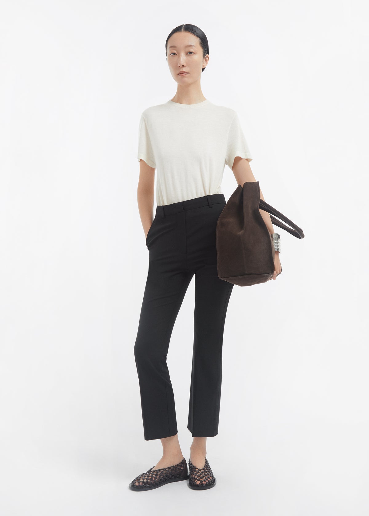 Cropped Cigarette Trouser in Virgin Wool - Black, image 1 of 5