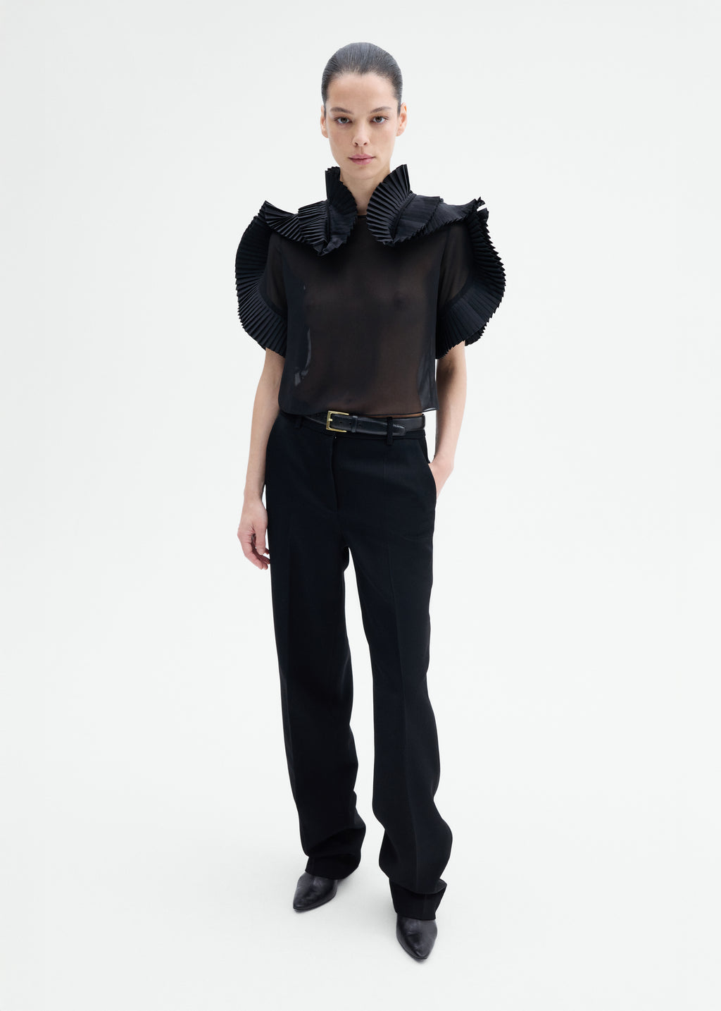 Pleated Ruffle Sheer Top in Georgette - Black - CO