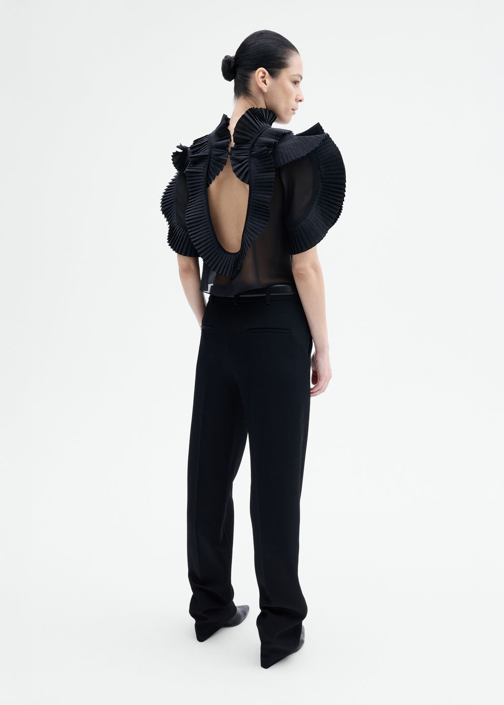 Pleated Ruffle Sheer Top in Georgette - Black - CO