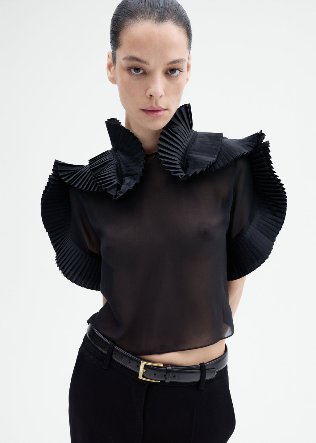 Pleated Ruffle Sheer Top in Georgette - Black - CO