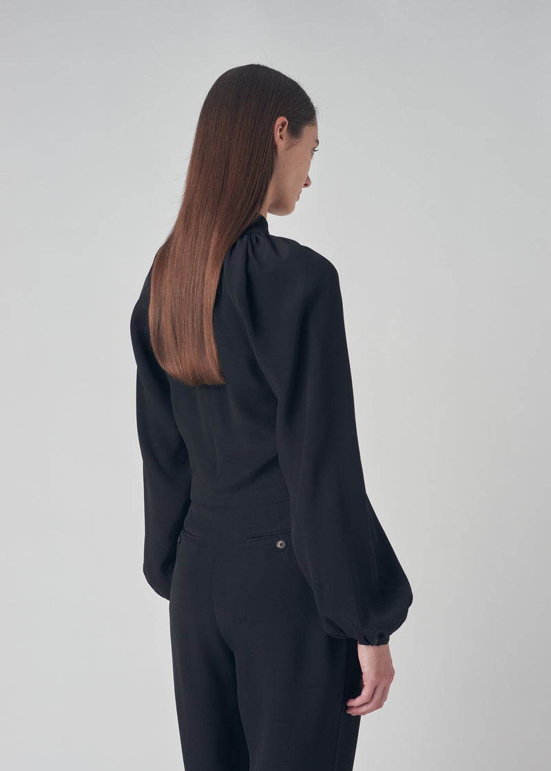 Long Sleeve Draped Blouse in Silk Cady - Black - CO