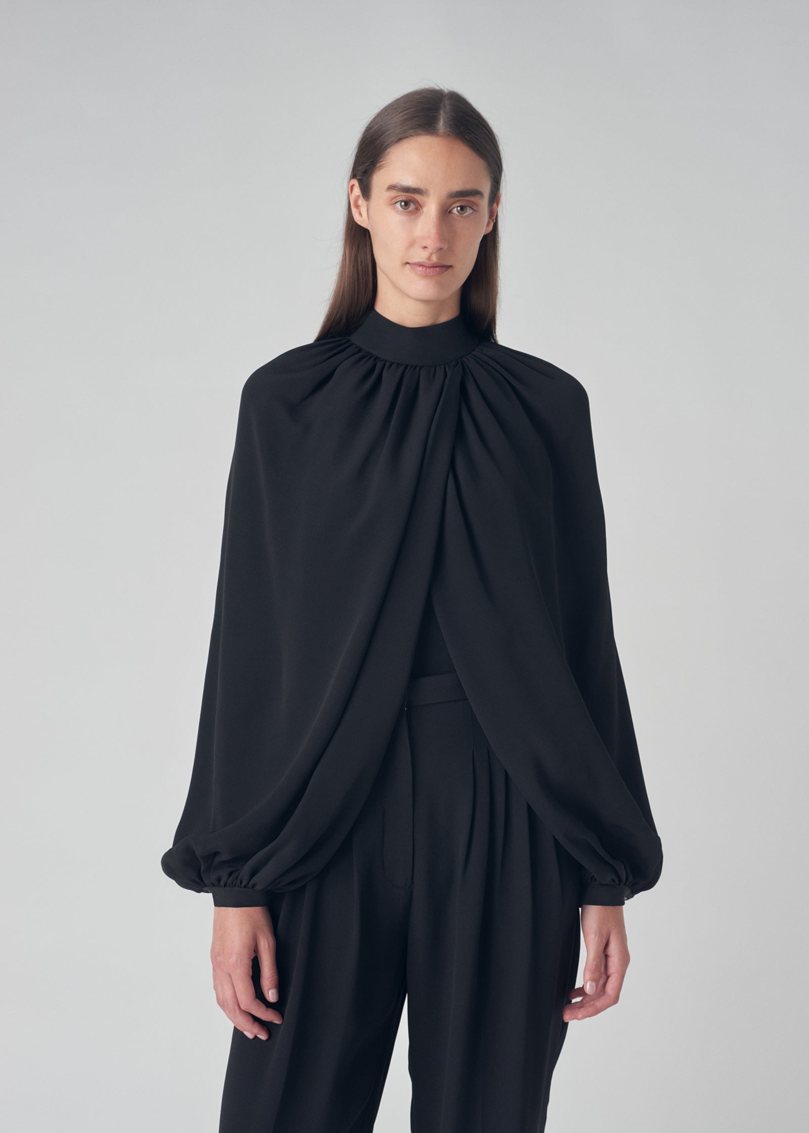 Long Sleeve Draped Blouse in Silk Cady - Black - CO Collections
