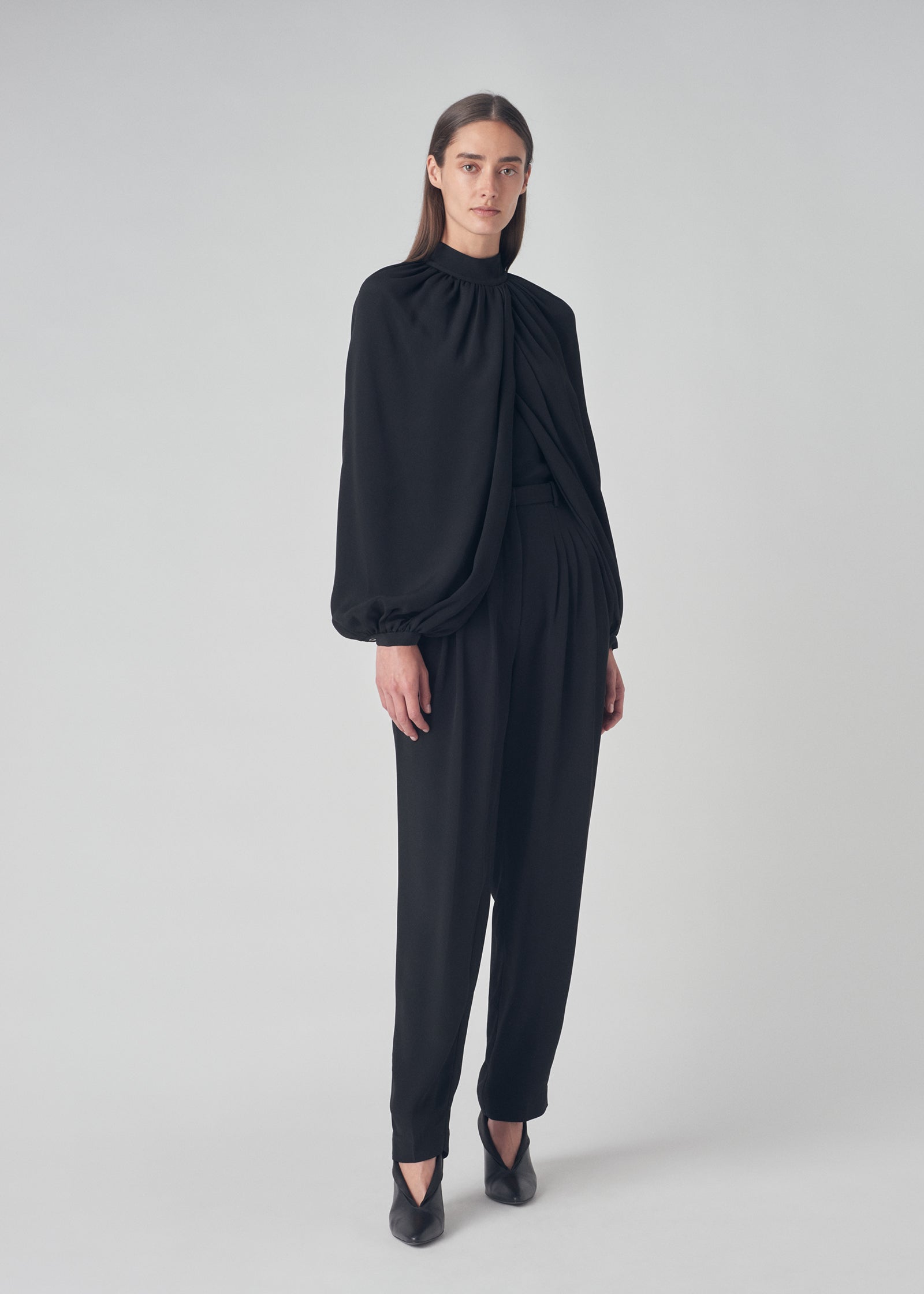 Long Sleeve Draped Blouse in Silk Cady - Black - CO Collections