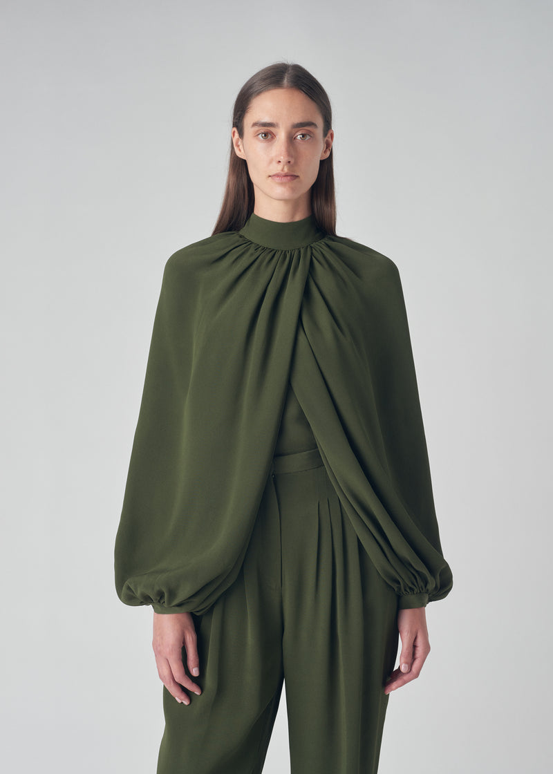 Long Sleeve Draped Blouse in Silk Cady - Green - CO