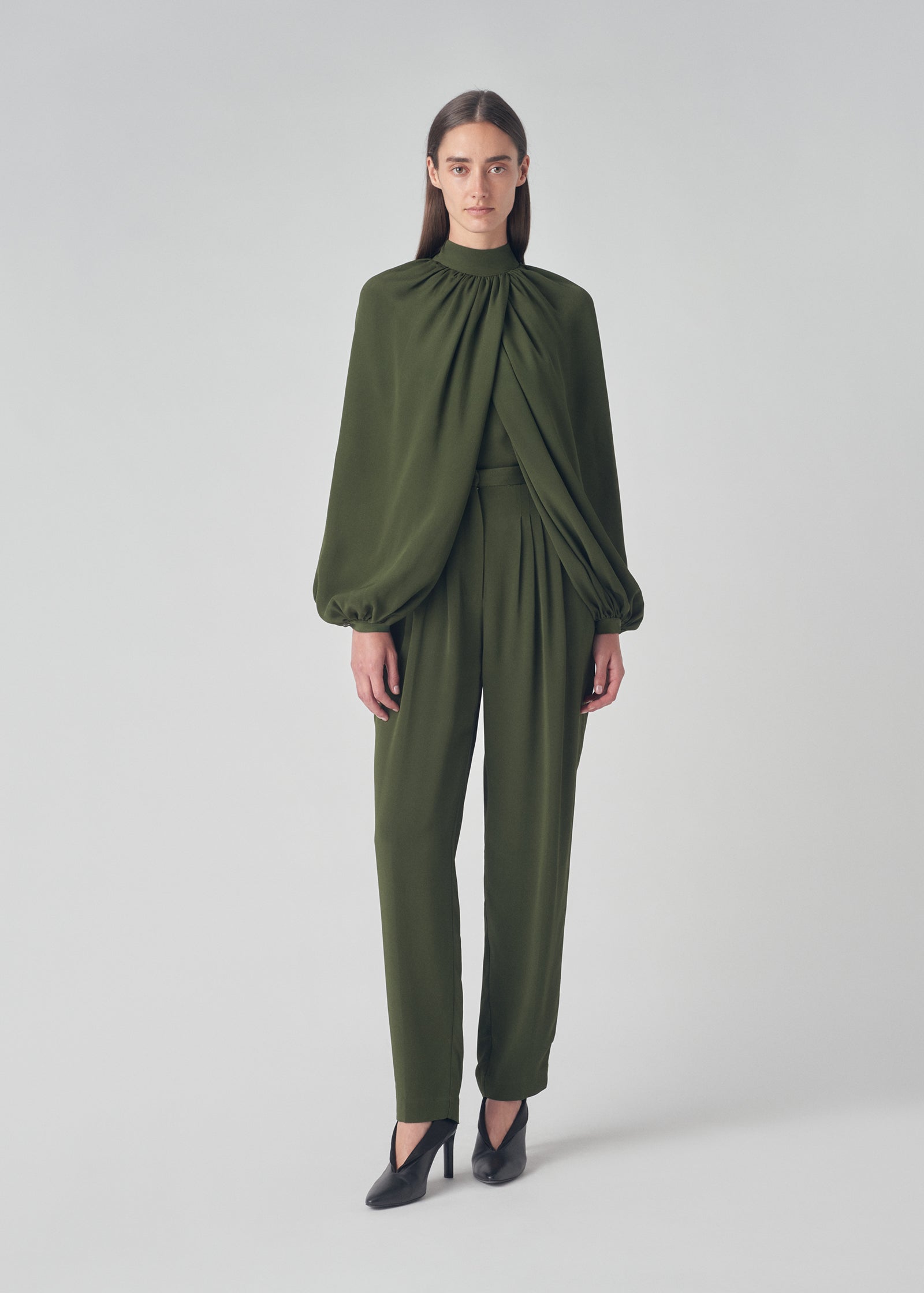 Long Sleeve Draped Blouse in Silk Cady - Green - CO Collections