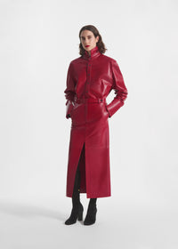 Tailored Front-Slit Midi Skirt in Leather - Cherry