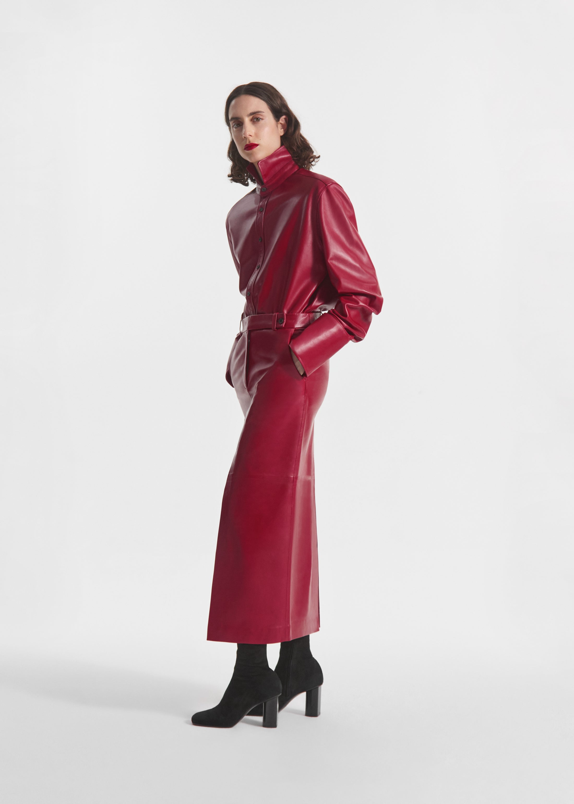 Stand Collar Shirt in Leather - Cherry, image 3 of 6