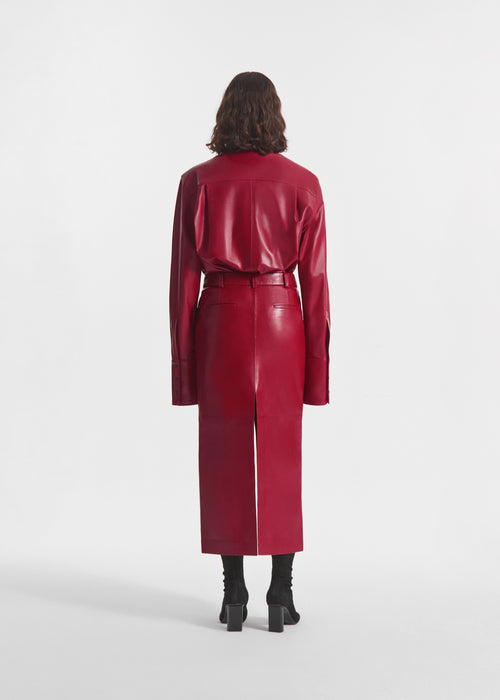 Tailored Front-Slit Midi Skirt in Leather - Cherry, image 2 of 5