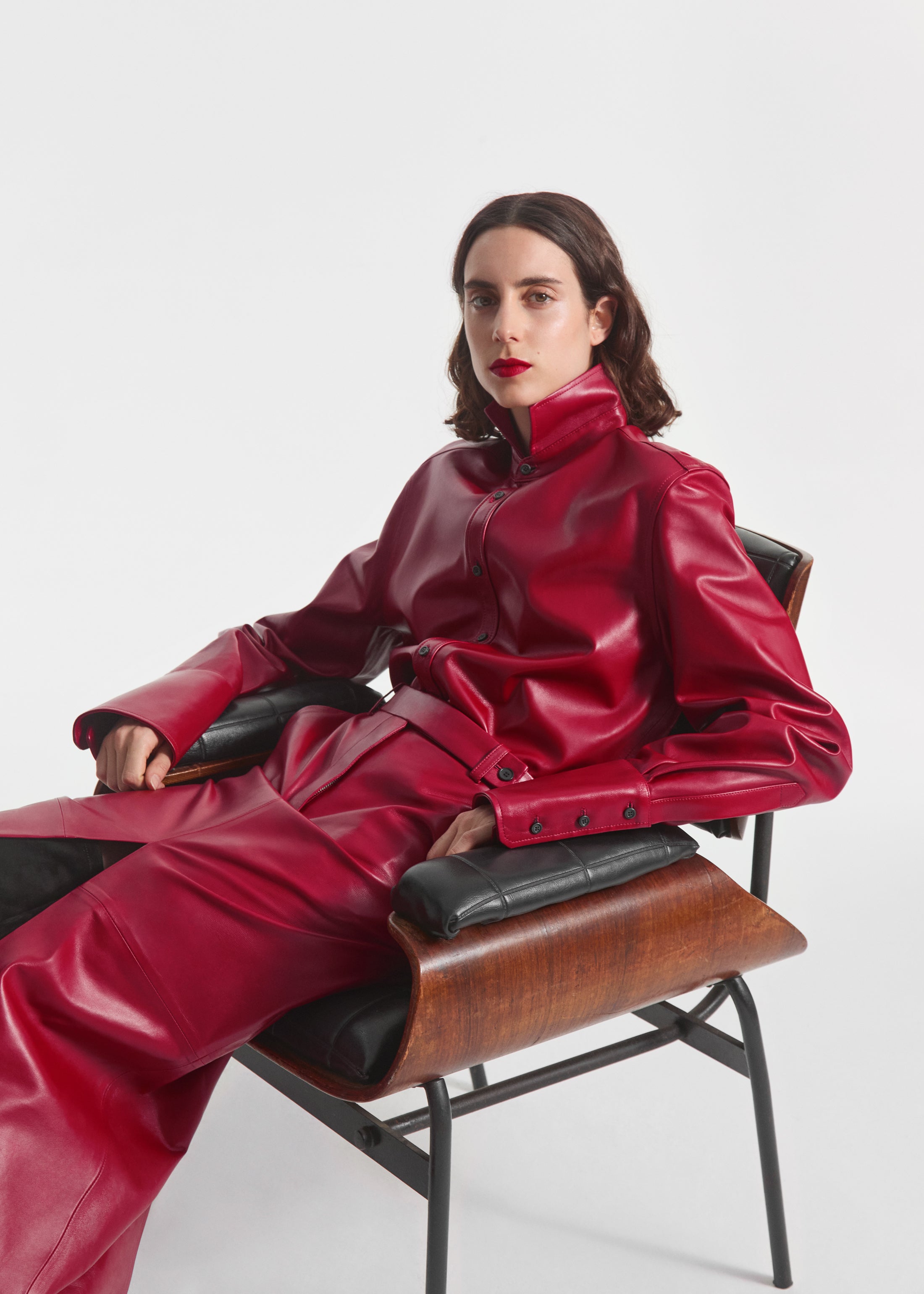 Stand Collar Shirt in Leather - Cherry, image 5 of 6