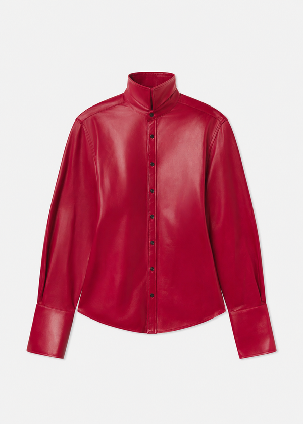 Stand Collar Shirt in Leather - Cherry, image 6 of 6