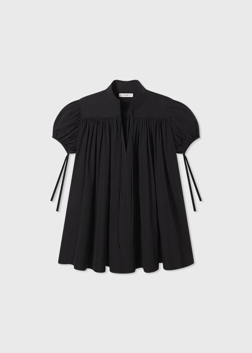 Puff Sleeve Gathered Tunic Shirt in Cotton Poplin - Black - CO