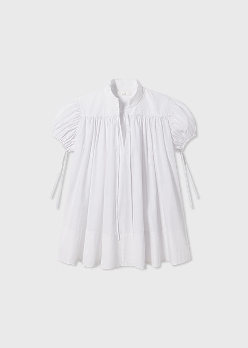 Puff Sleeve Gathered Tunic Shirt in Cotton Poplin - White - CO