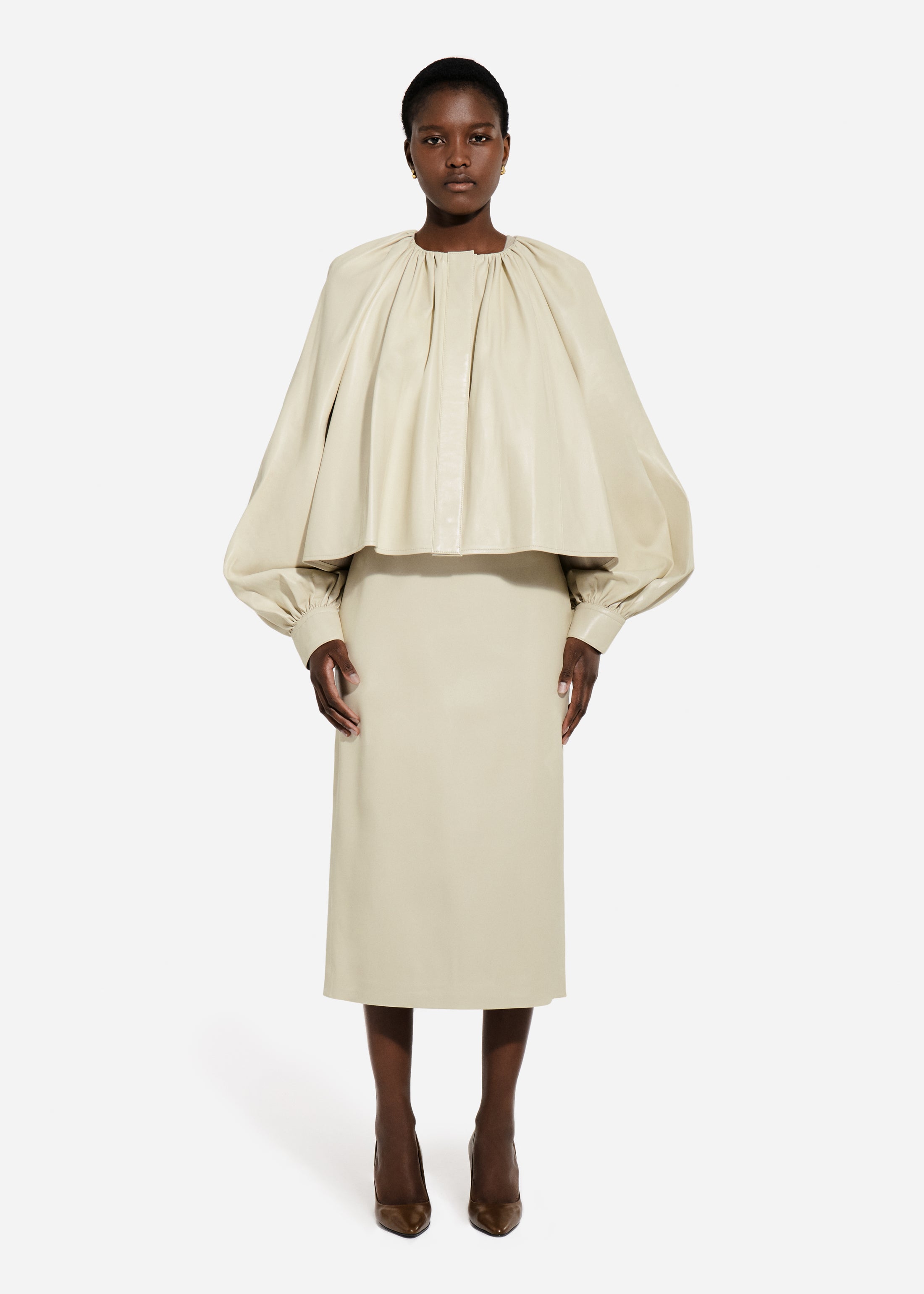 Gathered Tunic Shirt in Leather - Pearl