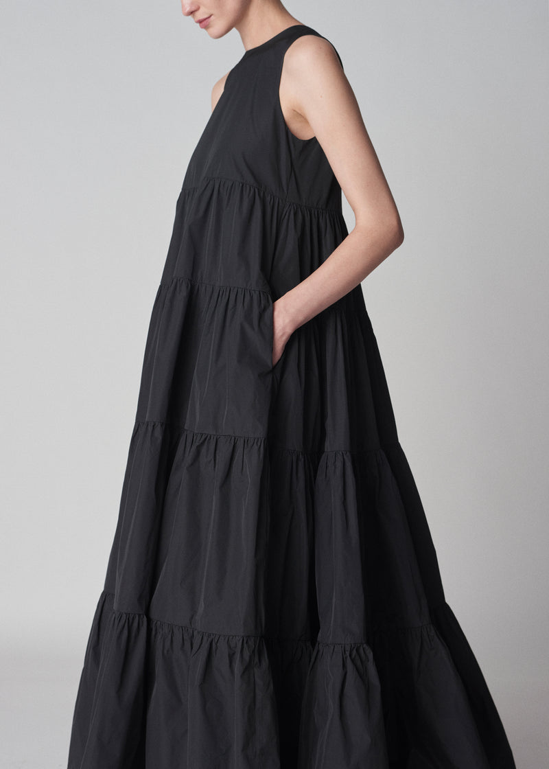 Tiered Long Dress in Taffeta - Black - CO