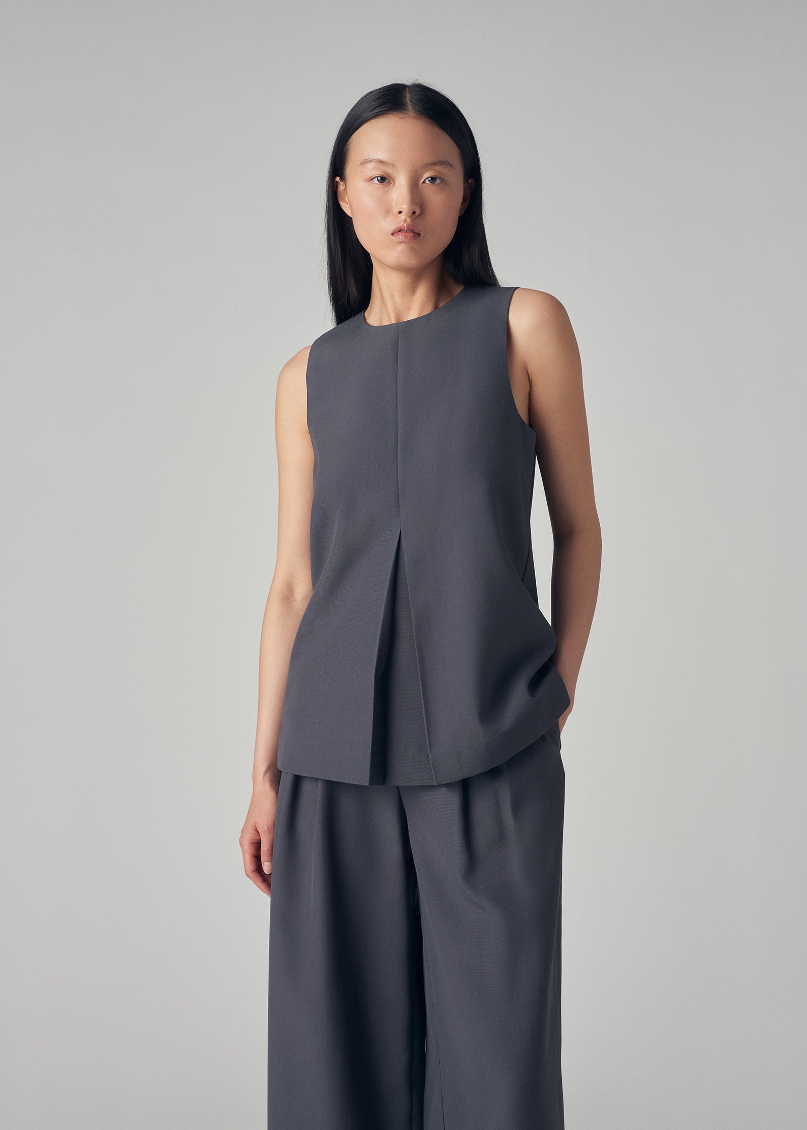 Box Pleat Vest Top in Gabardine - Charcoal - CO Collections