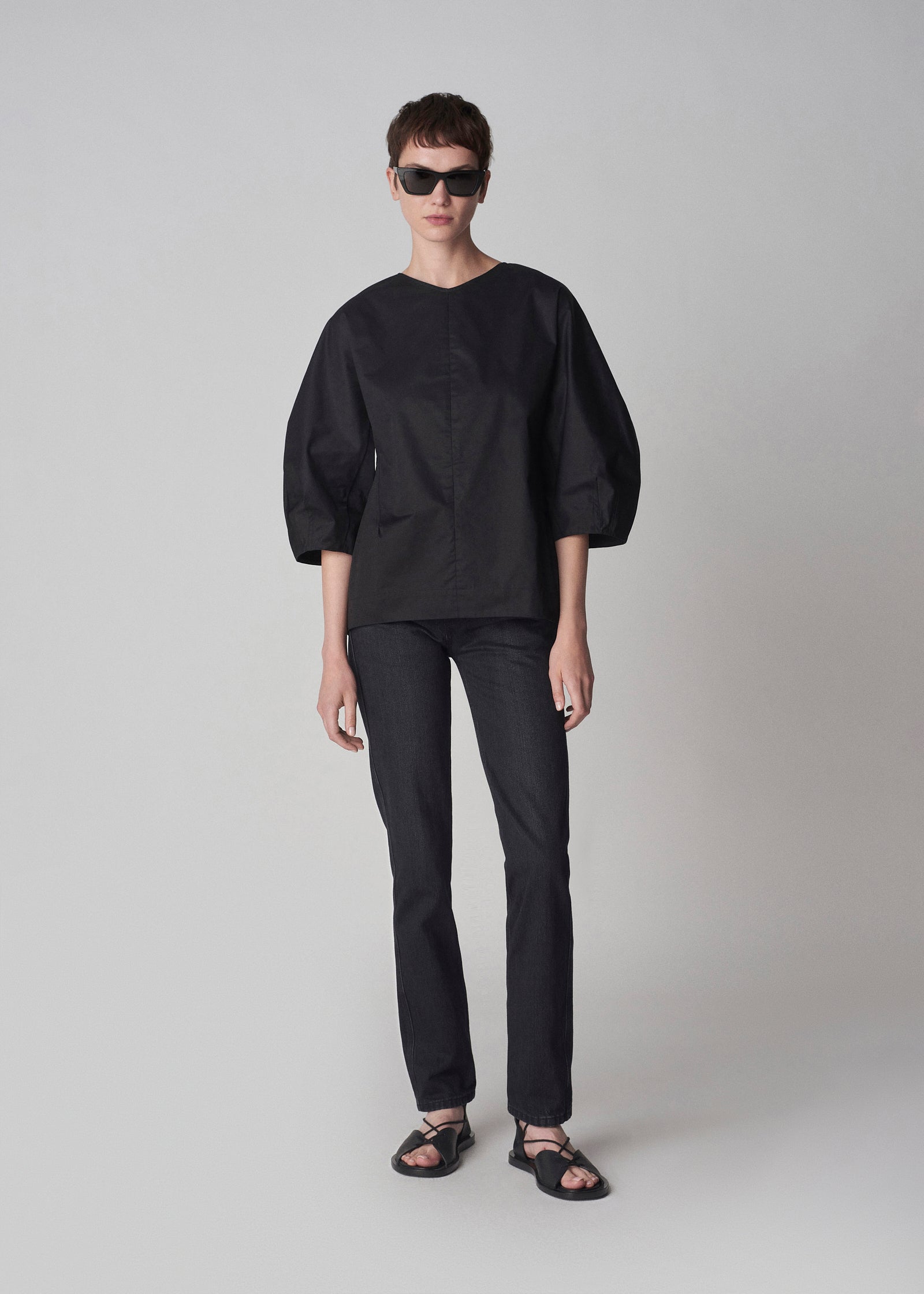 Bubble Sleeve Top in Cotton Poplin - Black - CO Collections
