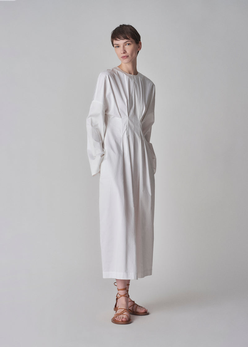 Long Sleeve Cinched Cotton Dress - White - CO