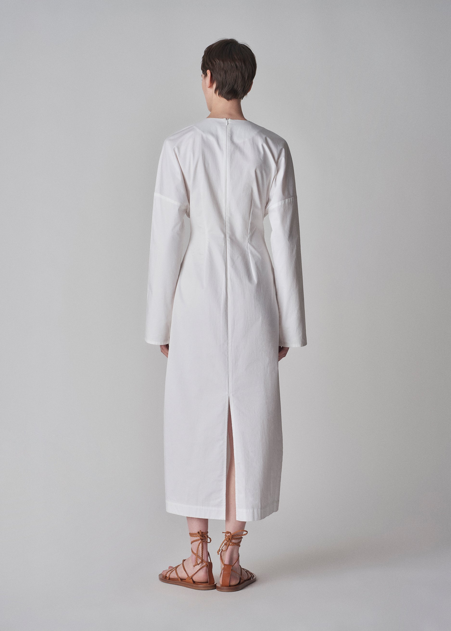 Long Sleeve Cinched Cotton Dress - White - CO Collections