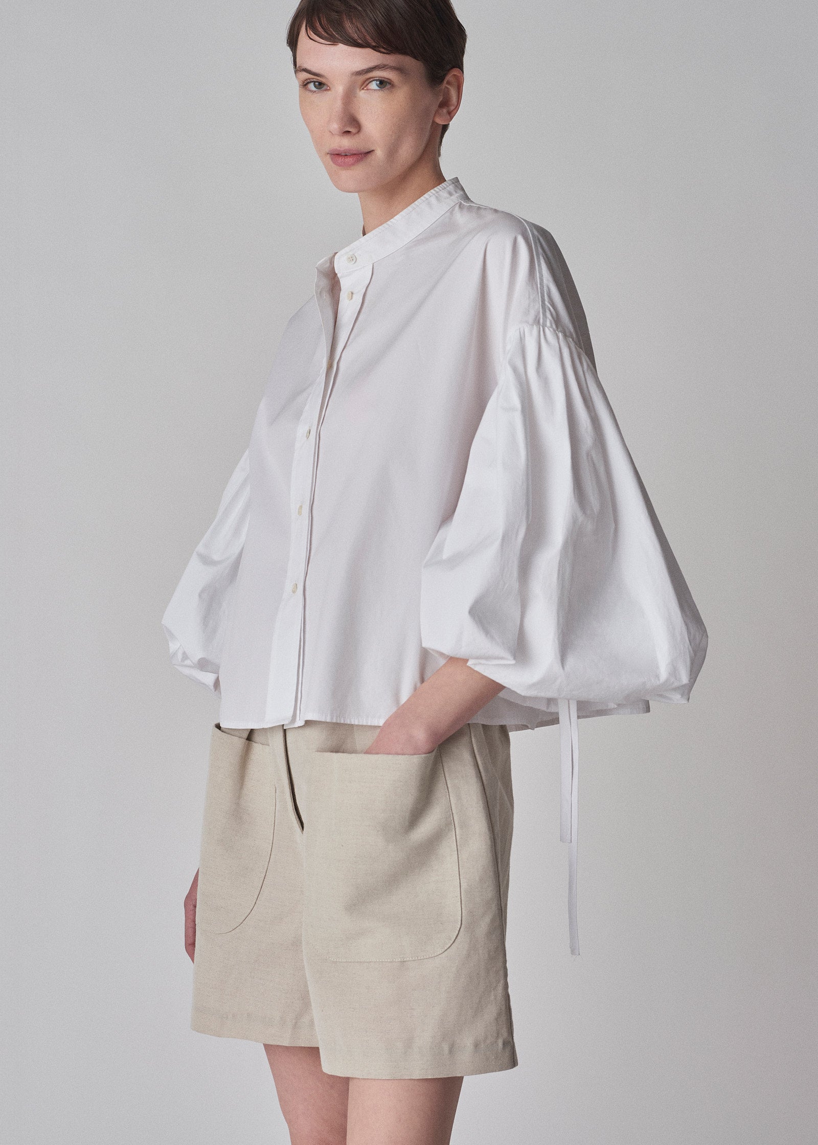 Balloon Sleeve Blouse in Cotton Poplin - White - CO Collections