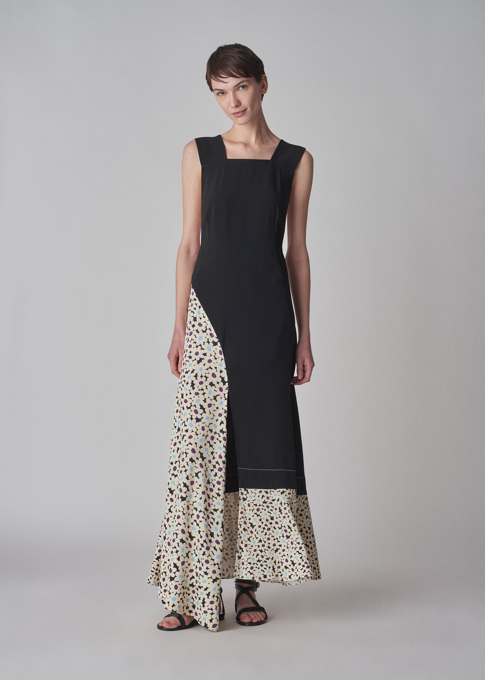 Apron Dress in Satin Viscose- Black Multi - CO Collections