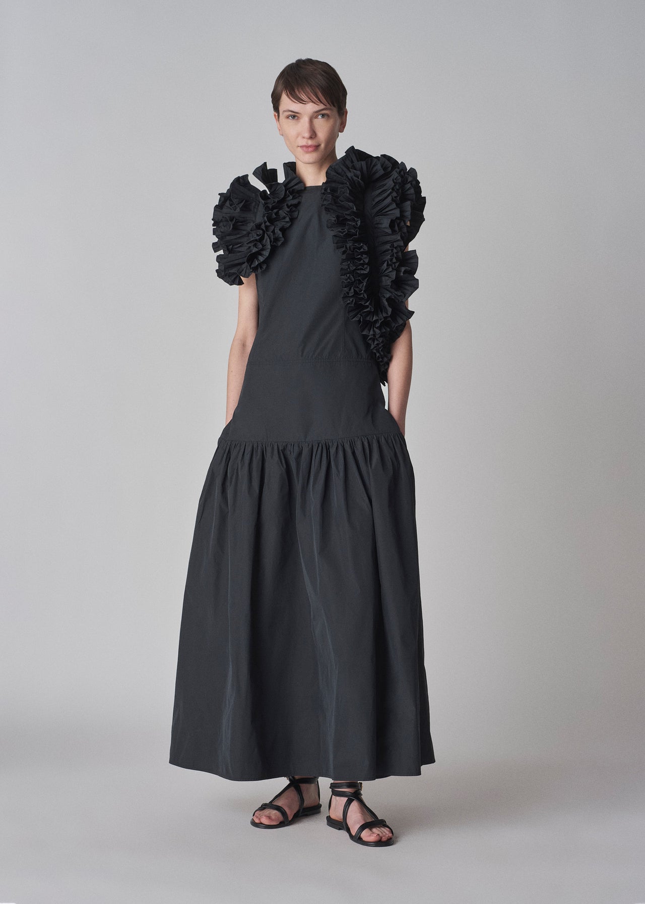 Sleeveless Ruffle Dress in Taffeta  - Black