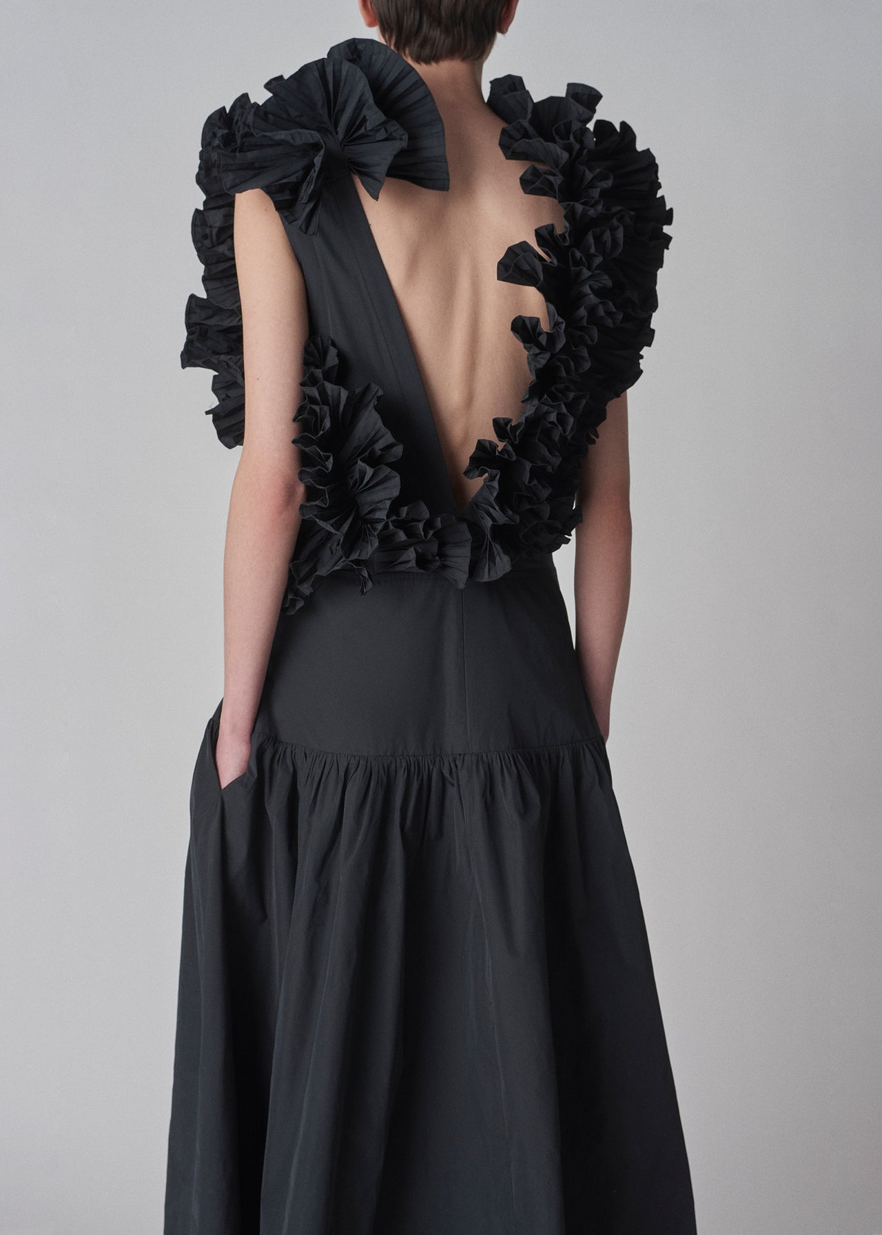 Sleeveless Ruffle Dress in Taffeta  - Black