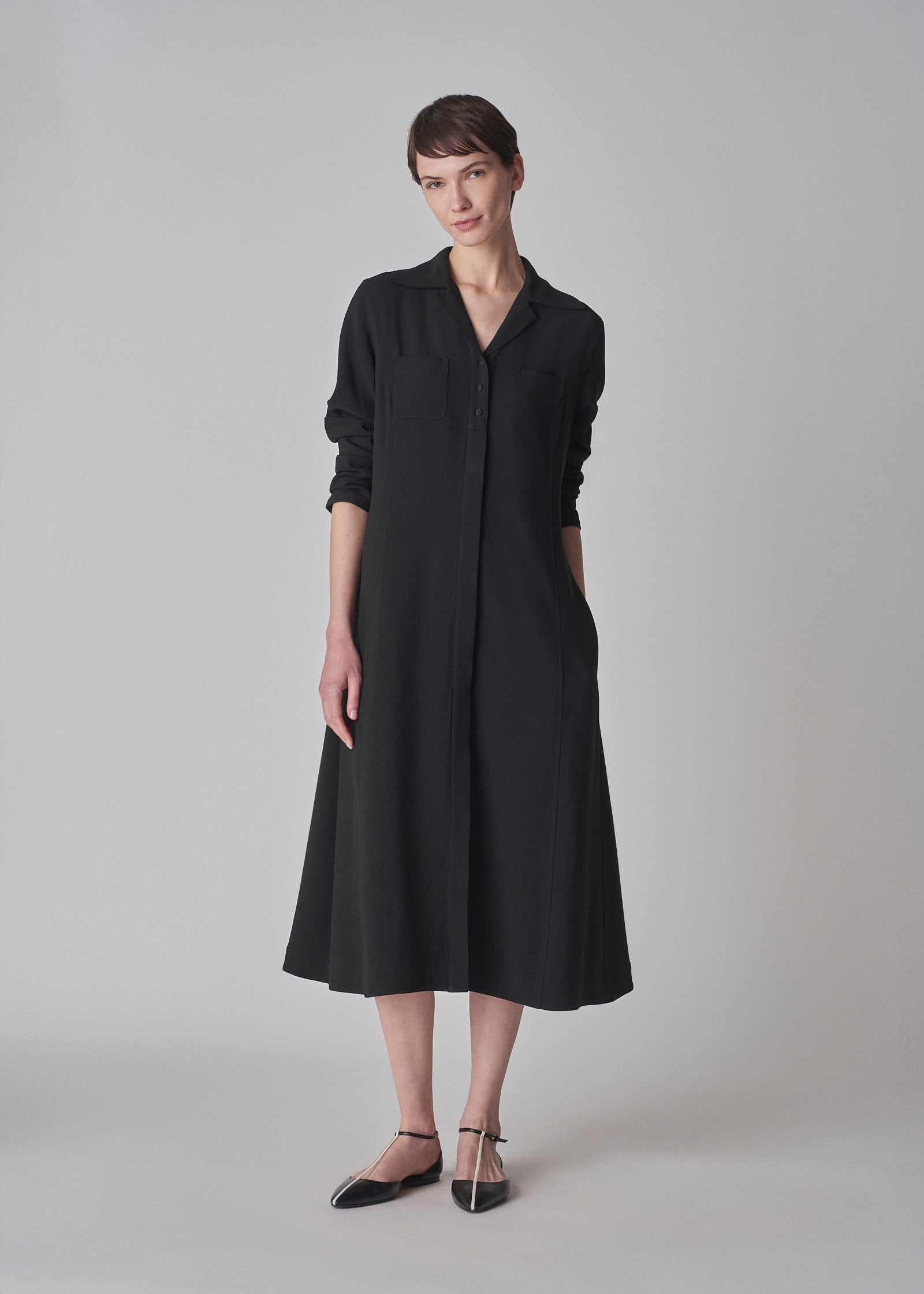 Fluid A-line Shirtdress in Satin Viscose - Black - CO Collections