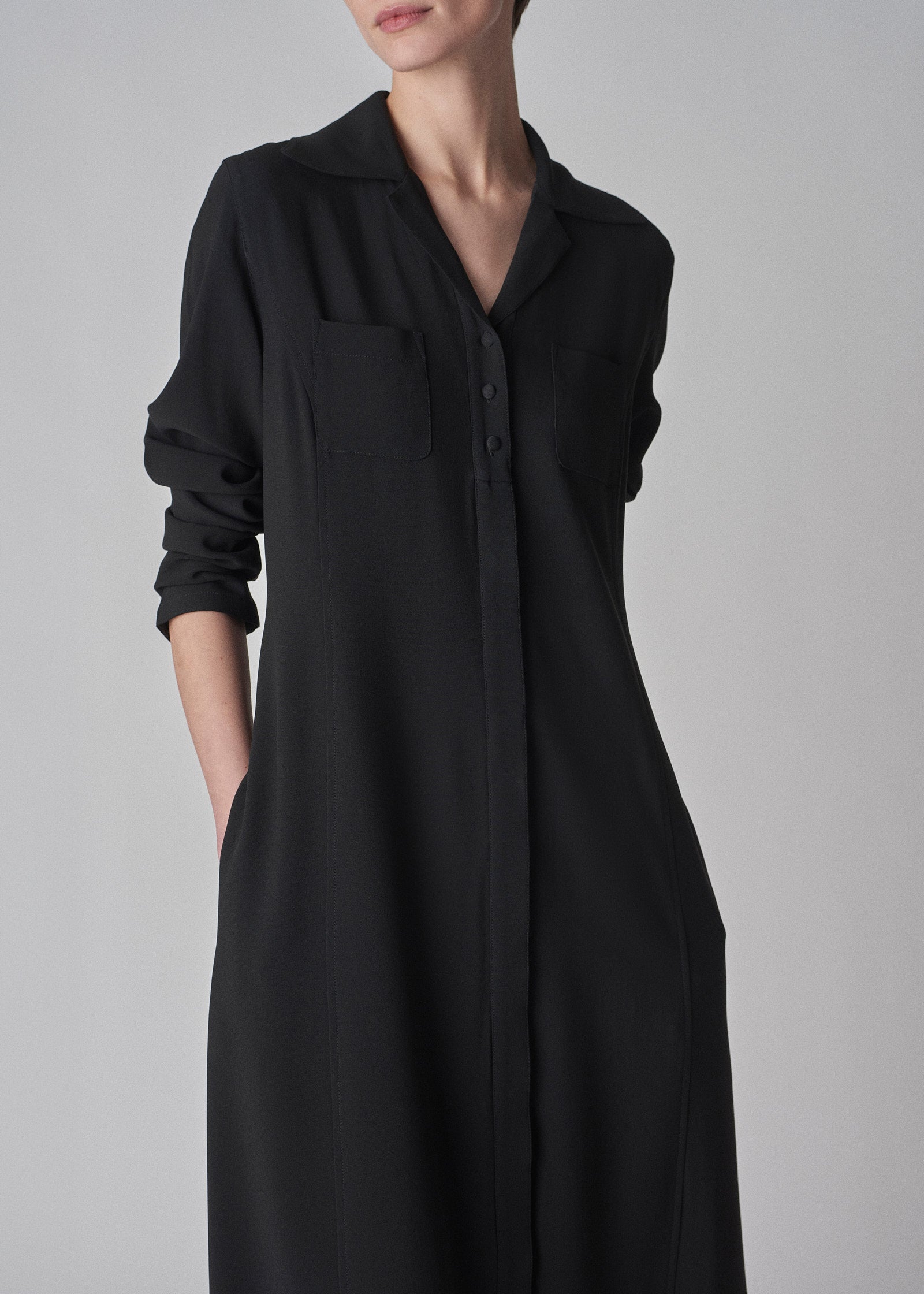Fluid A-line Shirtdress in Satin Viscose - Black - CO Collections