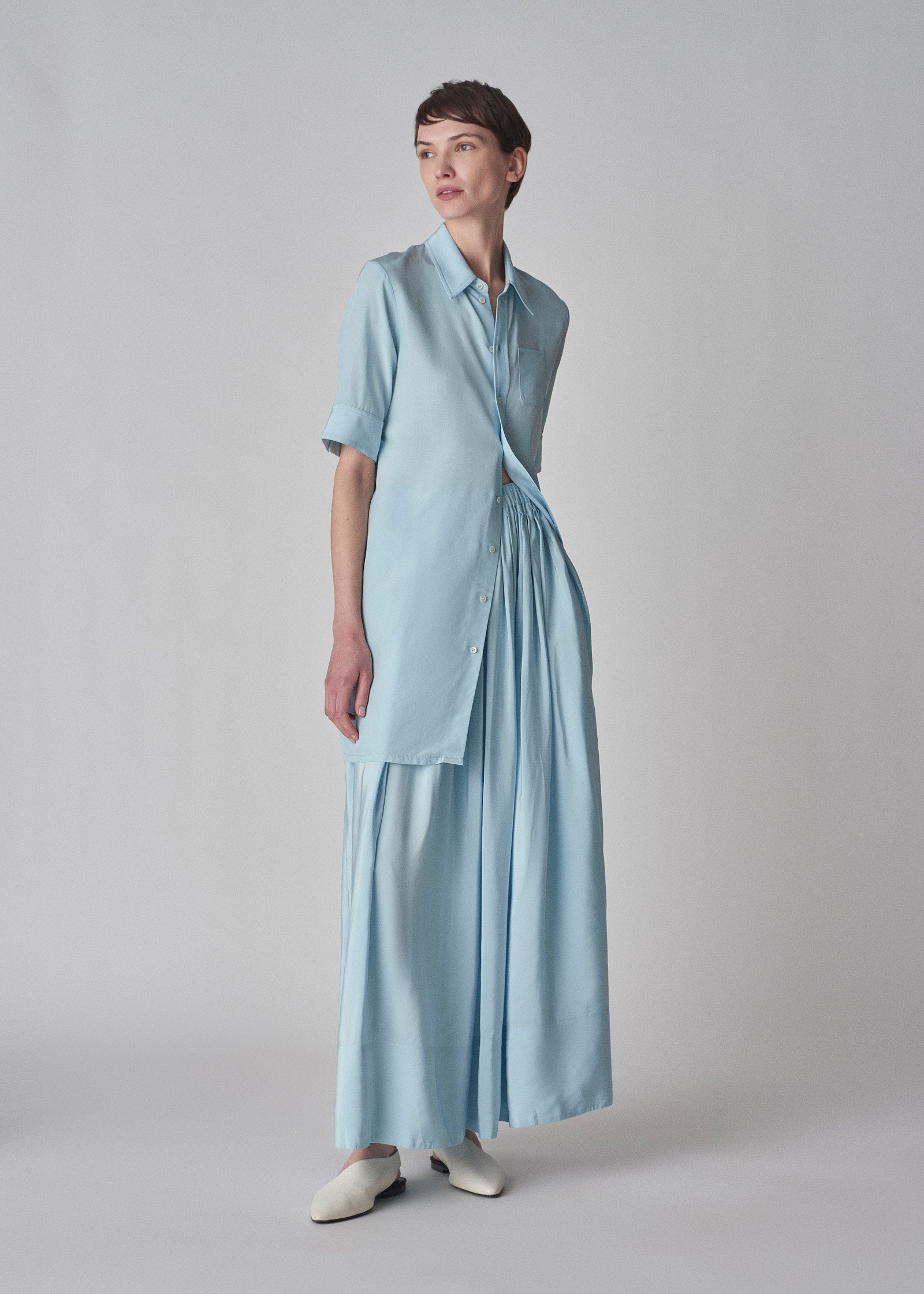 Fitted Shirtdress in Viscose Habotai - Light Blue - CO Collections
