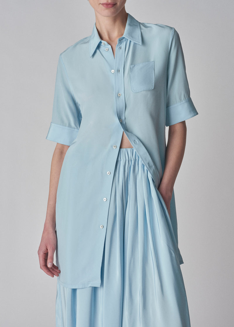 Short Sleeve Shirt Dress in Viscose Habotai- Light Blue - CO