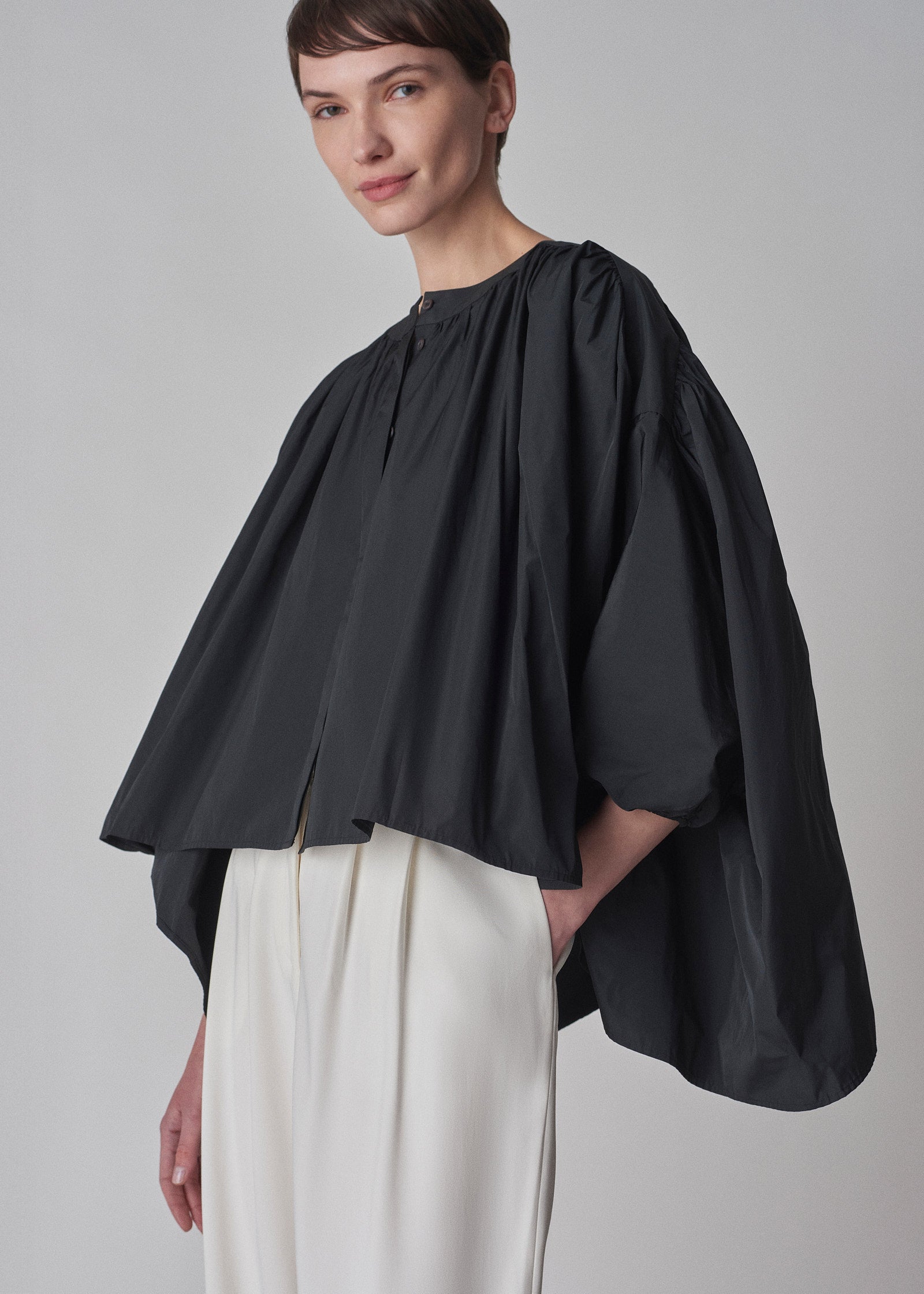 Gathered Tunic Blouse in Taffeta - Black - CO Collections
