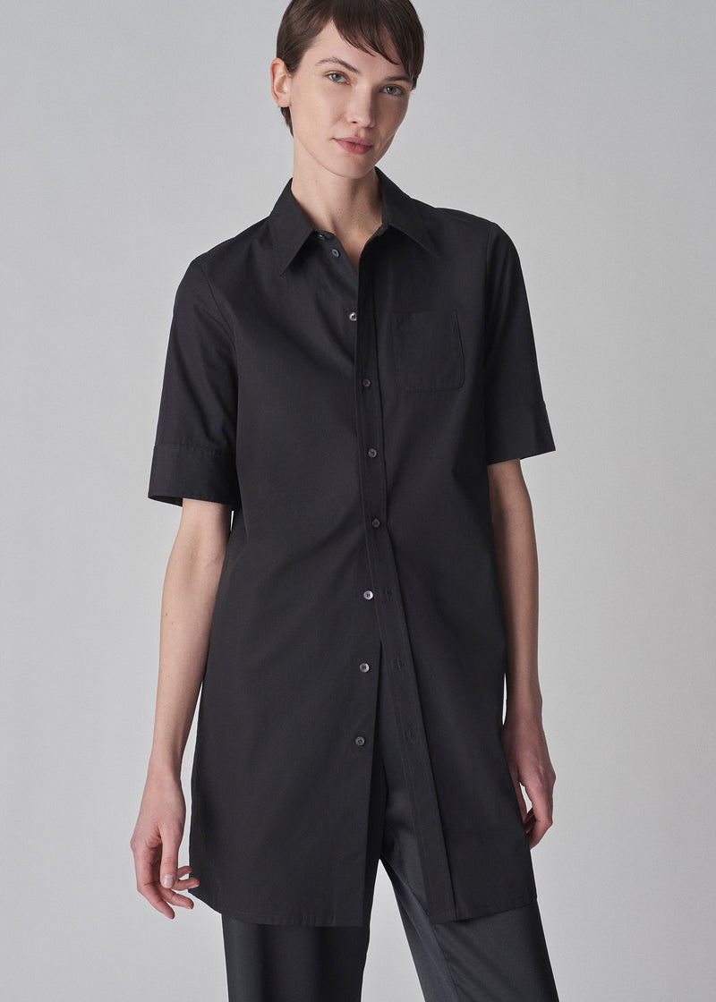 Short Sleeve Shirt Dress in Cotton Poplin - Black - CO