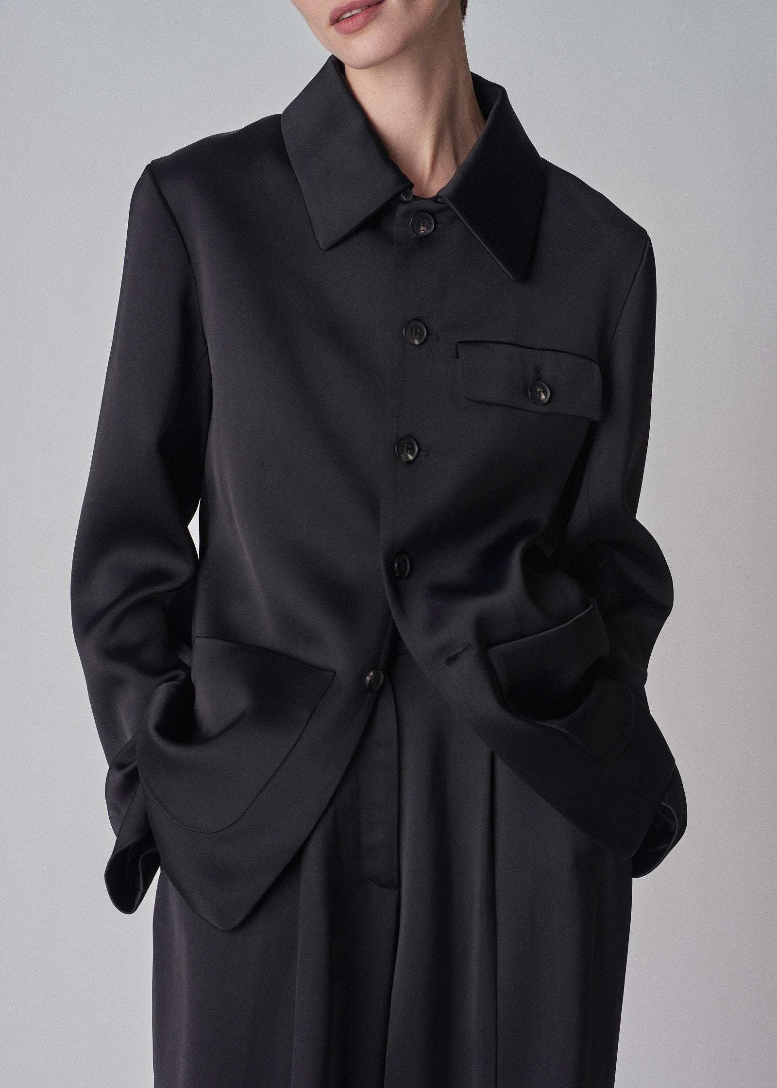 Evening Shirt Jacket in Satin Crepe - Black - CO Collections