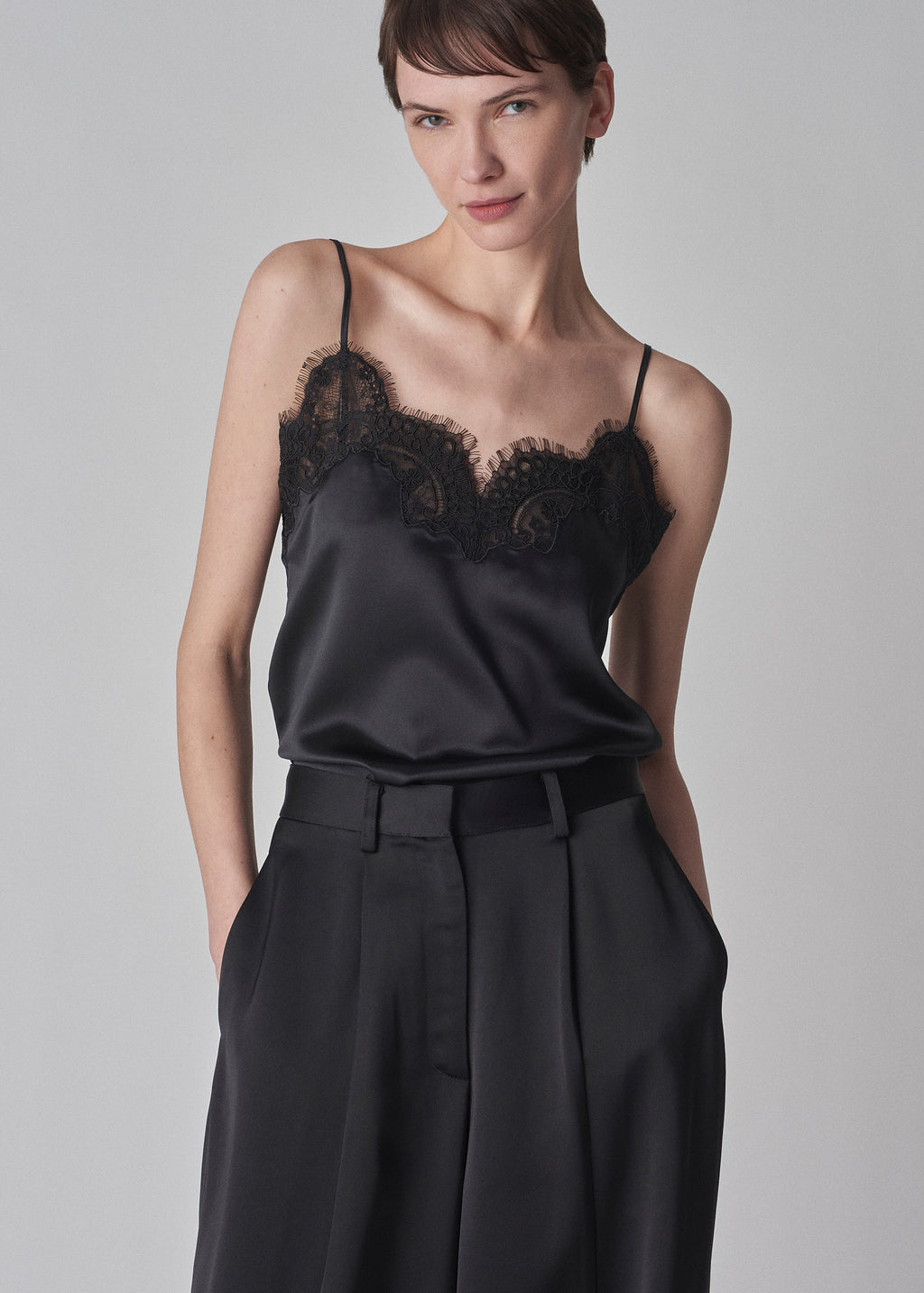 Lace Camisole in Silk Satin - Black - CO