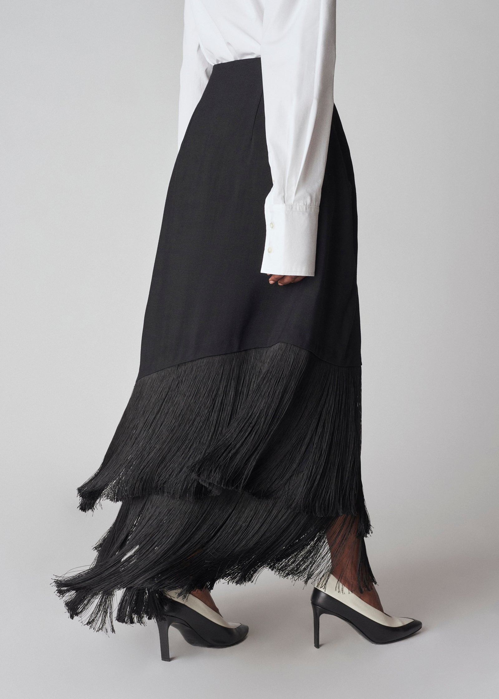 Fringed Wrap A-Line Skirt - Black