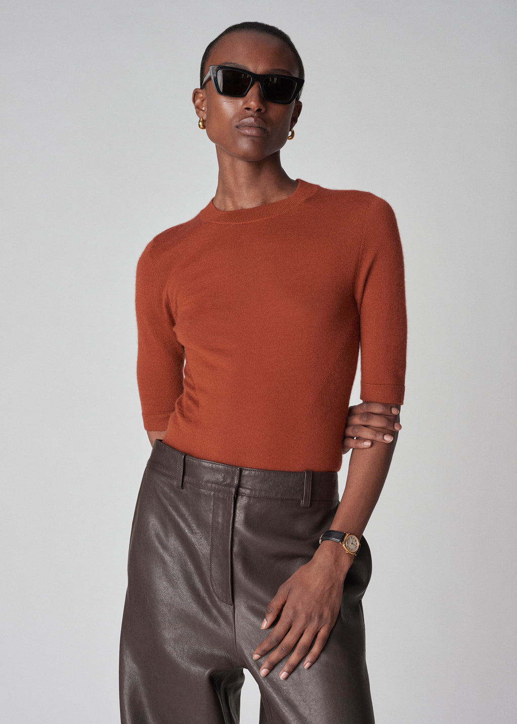 Short Sleeve Knit Top in Fine Cashmere - Tamarind - CO