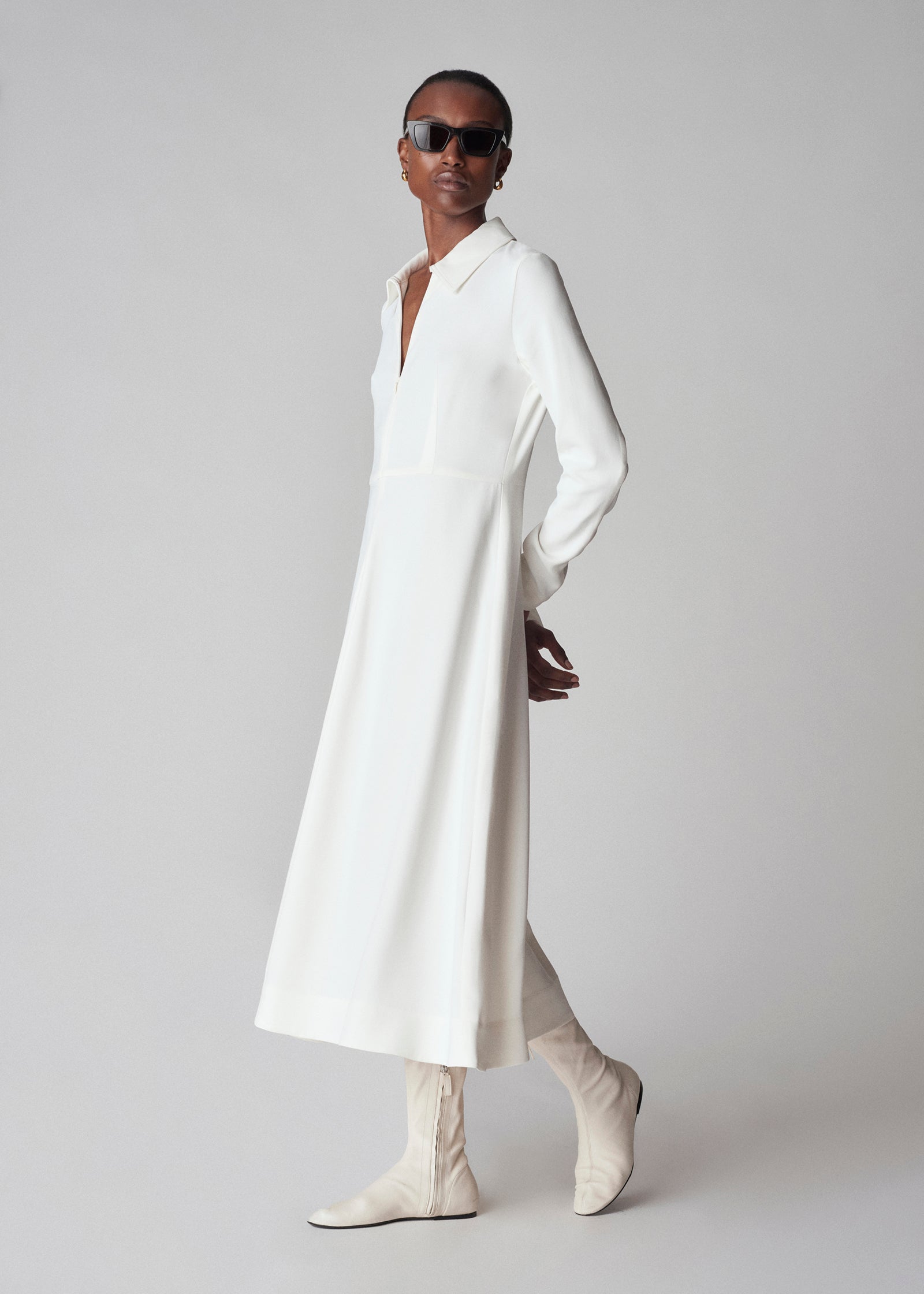 Long Sleeve Shirt Dress  in Crepe - Ivory - CO