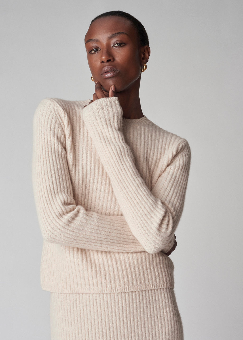 Long Sleeve Sweater Top in Tweed Knit - Ivory - CO