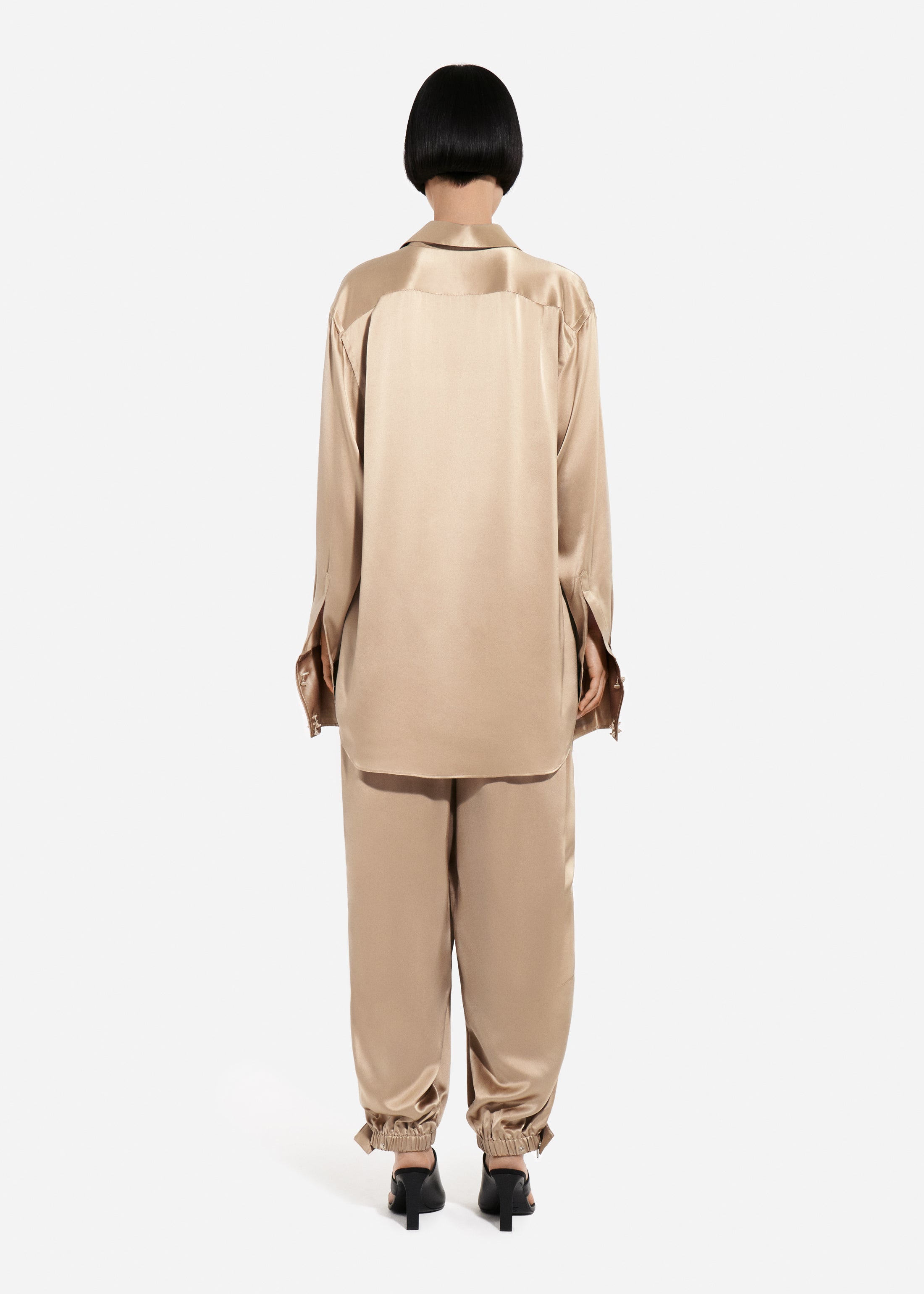 Mens Collared Shirt in Silk Charmeuse - Sesame