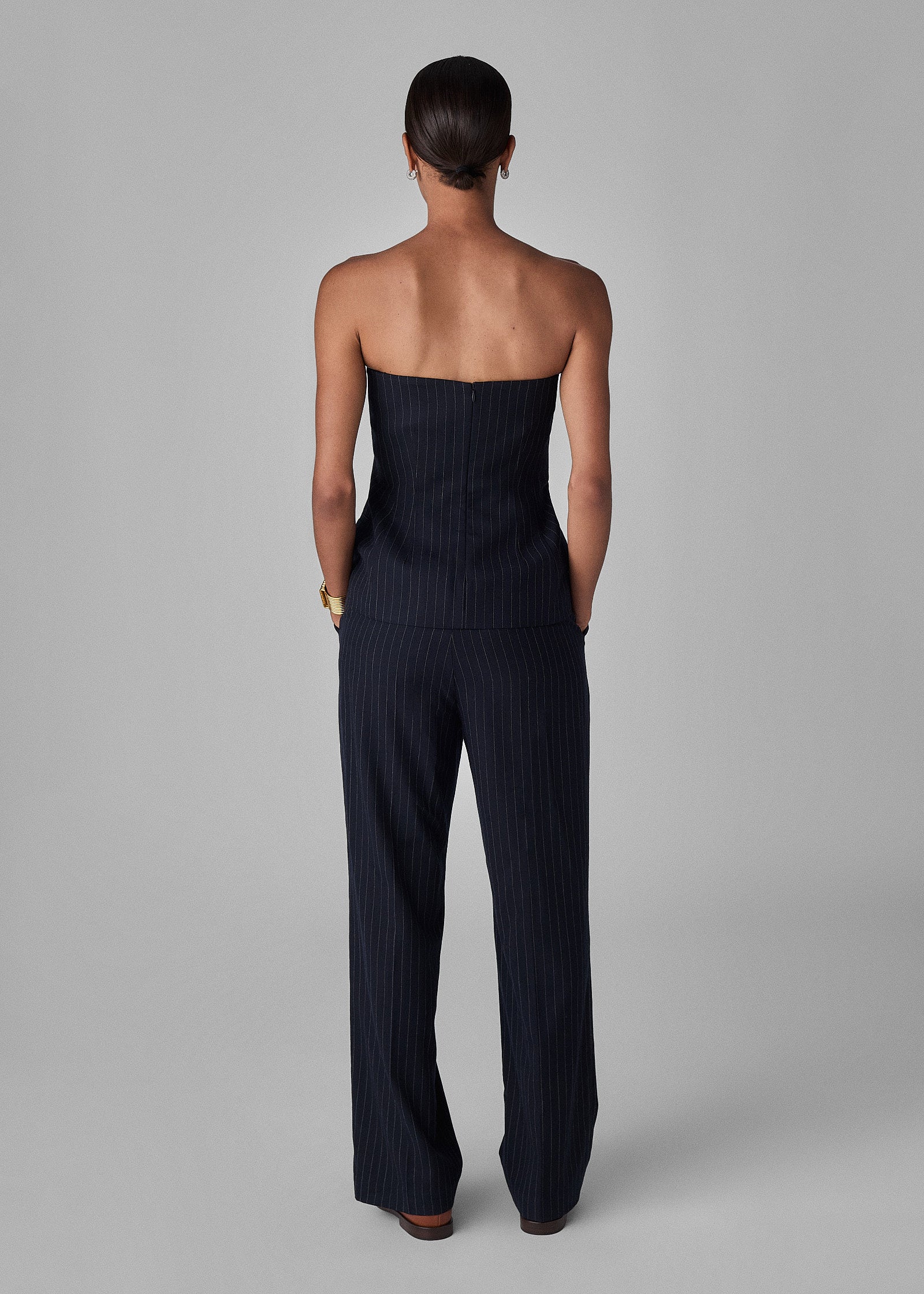 Tailored Bustier Top in Virgin Wool - Navy Stripe