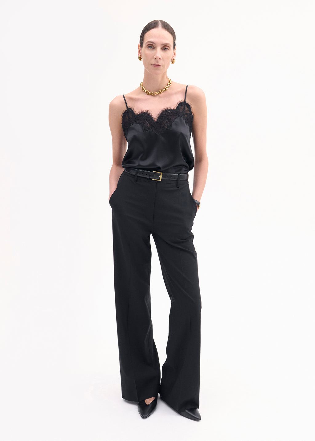 Lace Camisole in Silk Satin - Black - CO