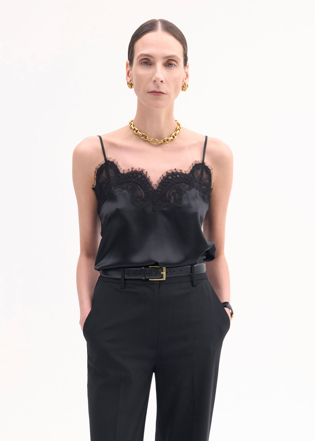 Lace Camisole in Silk Satin - Black - CO