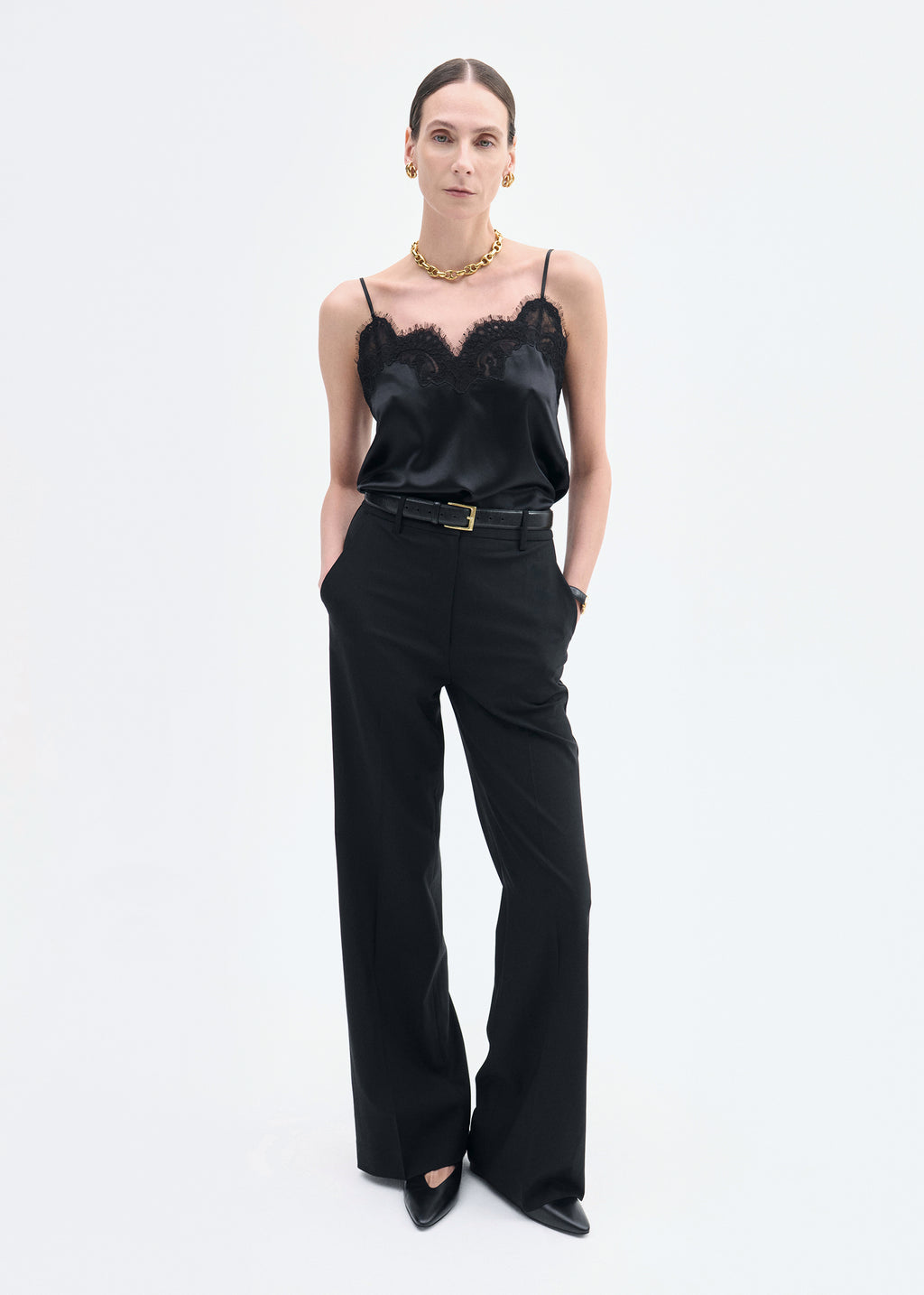 Lace Camisole in Silk Satin - Black - CO
